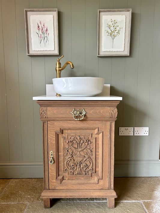 Small Vintage Oak Vanity Sink, Carrara Quartz top, Upstand and basin (61cm wide)