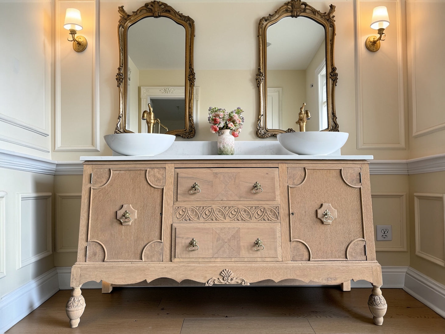 Vintage Oak (walnut inlay) Double Vanity Sink Unit, Carrara Quartz Top, Upstand and two basins. (152cm wide)