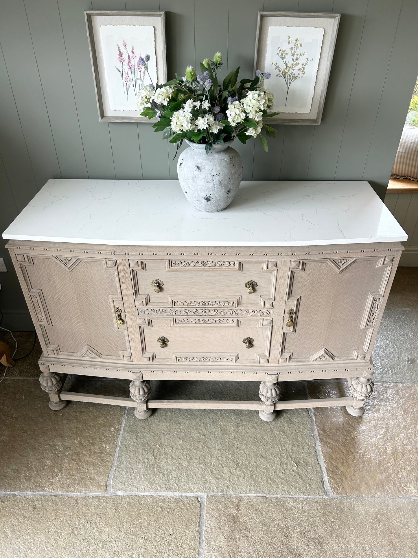 Vintage Rustic Oak Ornate Carved Sideboard with Quartz Top