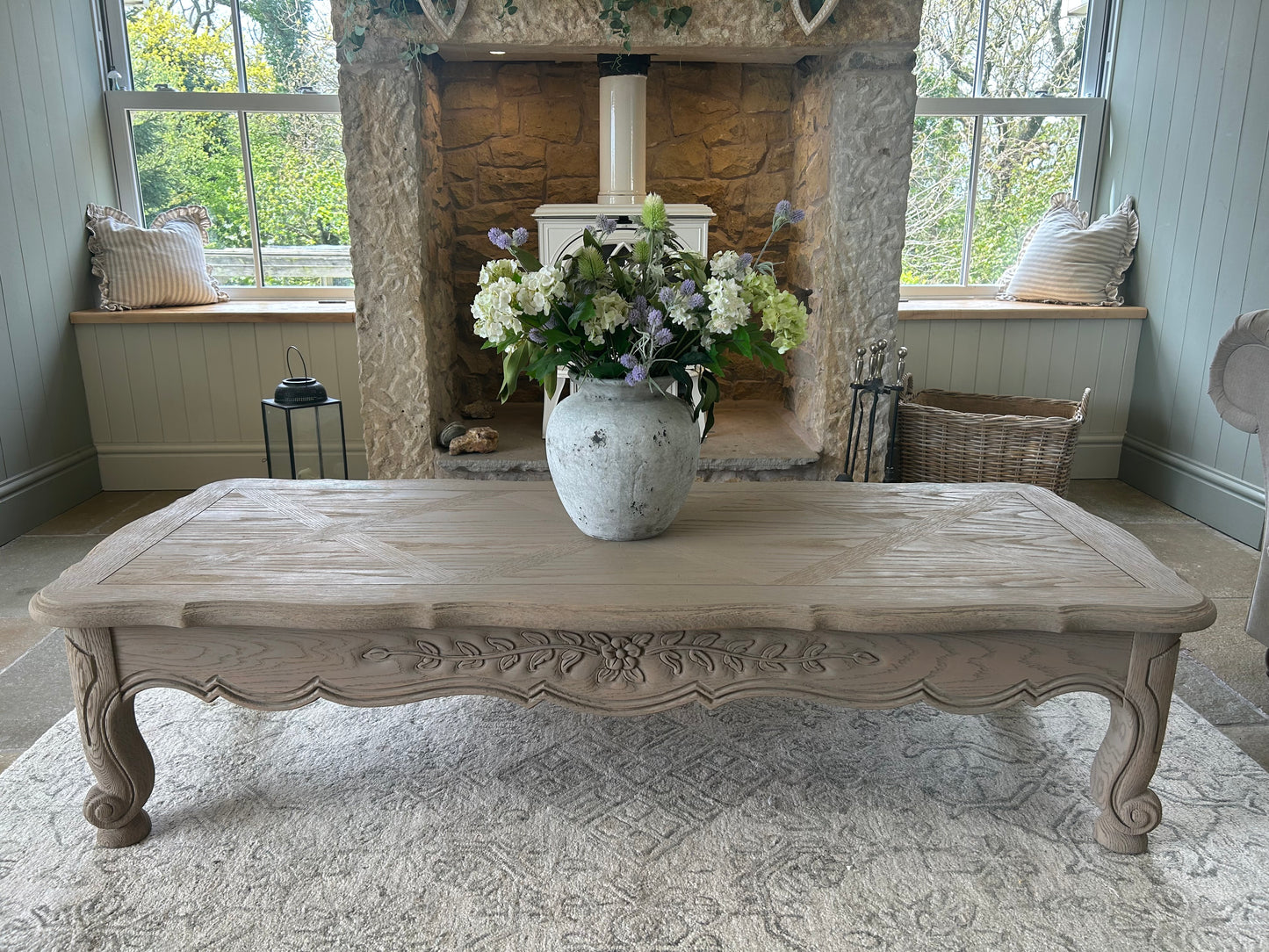 Large Solid Oak Coffee Table with carved detailing.