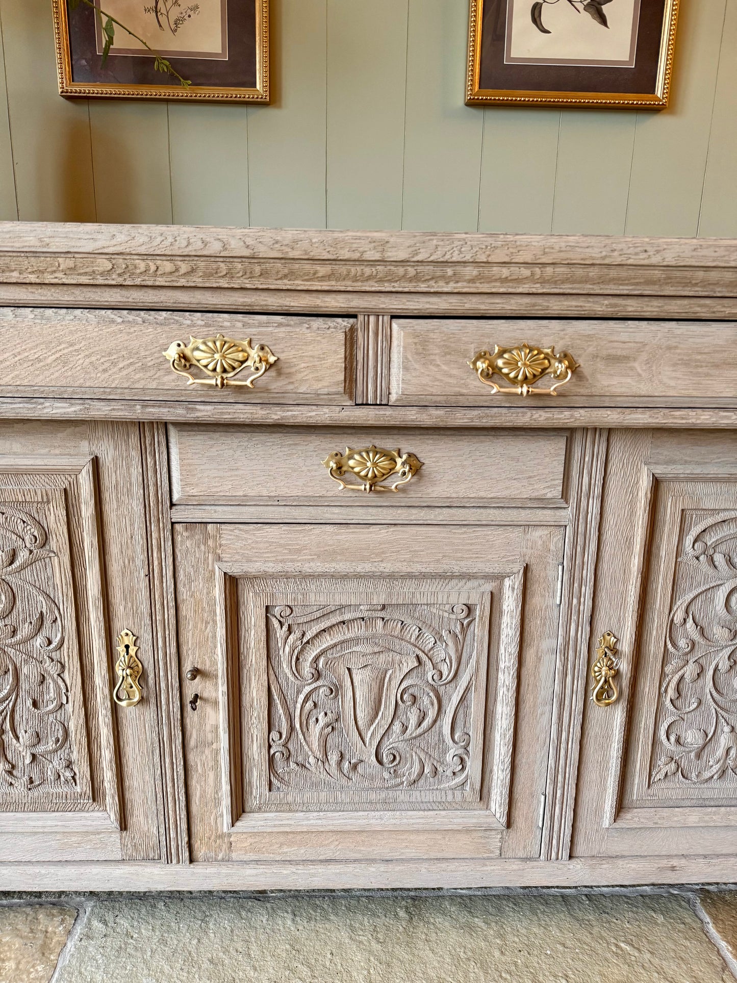 Antique Rustic Medium Sized Oak Sideboard with pretty carved detailing. (153cm wide)