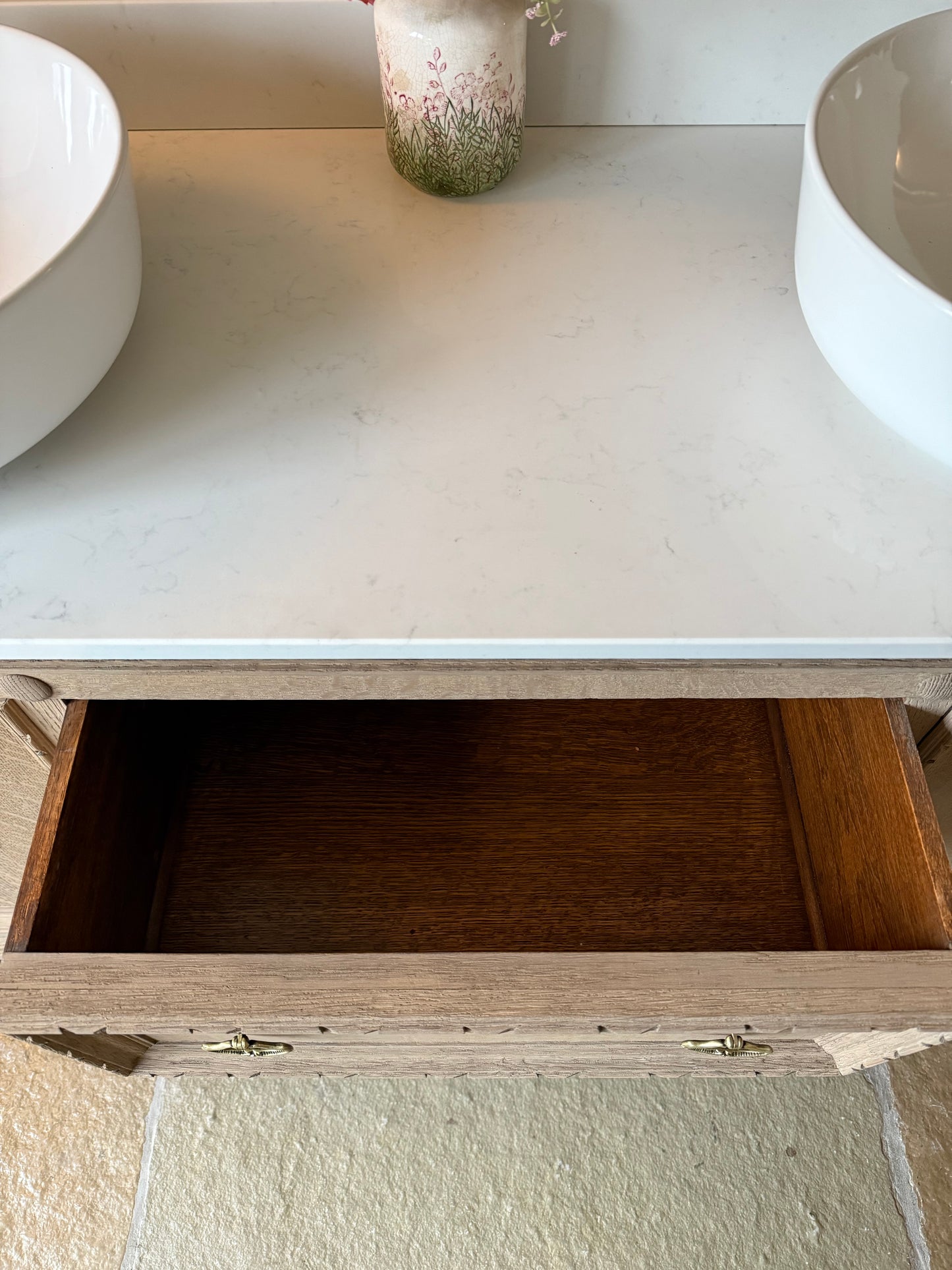 Pretty Solid Oak Double Vanity Sink Unit finished in a light weathered oak, Carrara Quartz top, Upstand and two basins. ( 148cm wide)