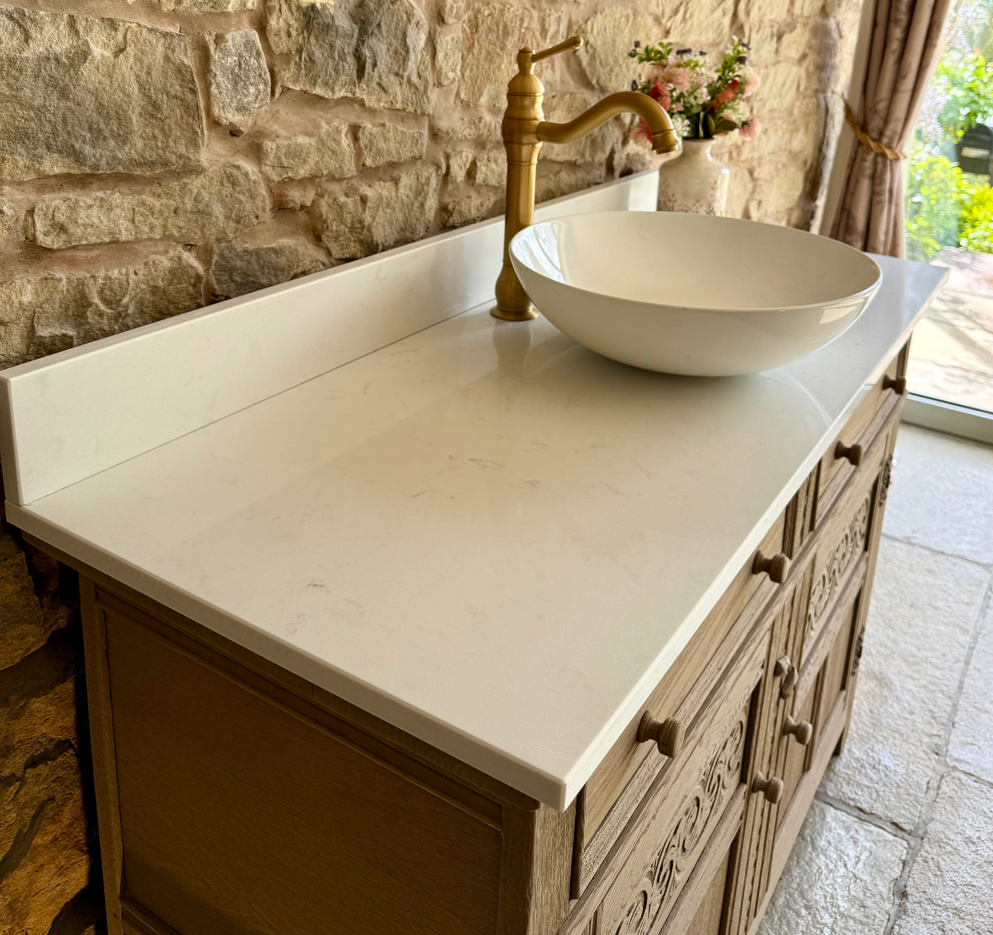 Vintage Light Oak Double/or Single Vanity Sink Unit, Quartz Top, Upstand and two basins (124cm wide)