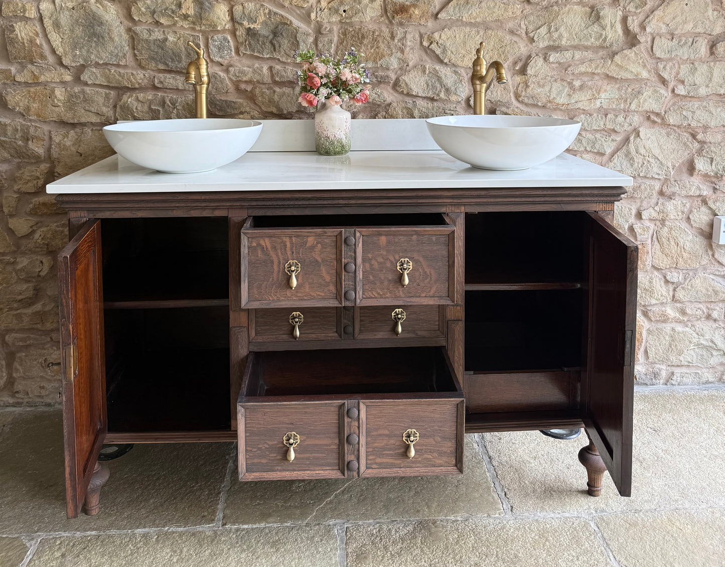 Classic Dark Oak Double Vanity Sink Unit, Quartz Top, Upstand and Two Basins (138cm wide)