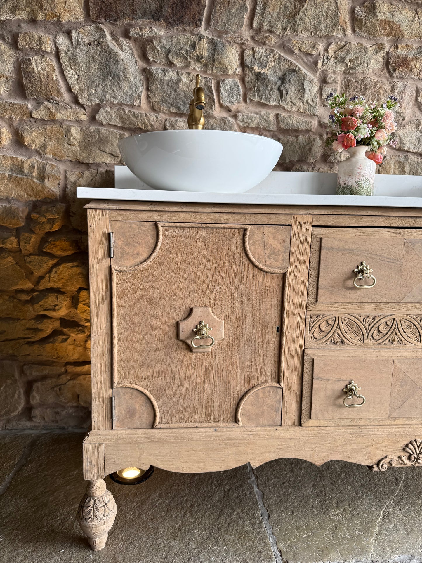 Vintage Oak (walnut inlay) Double Vanity Sink Unit, Carrara Quartz Top, Upstand and two basins. (152cm wide)