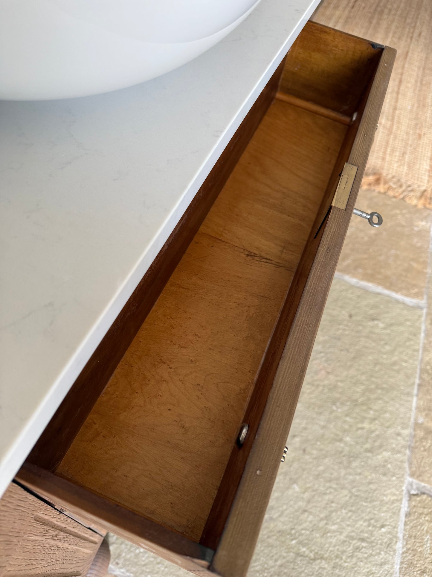 Vintage Oak Vanity Sink, Quartz top, Upstand and basin (77cm wide)