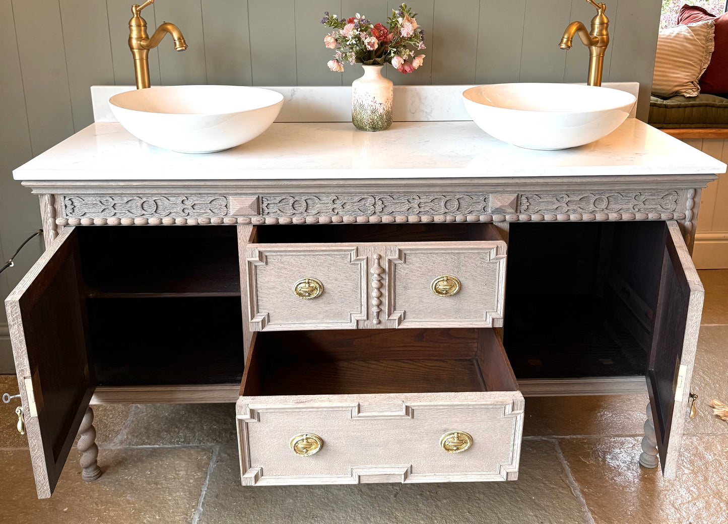 Large Vintage Light Solid Oak Vanity Sink, Carrara Quartz top, Upstand and two basins. (153cm wide)