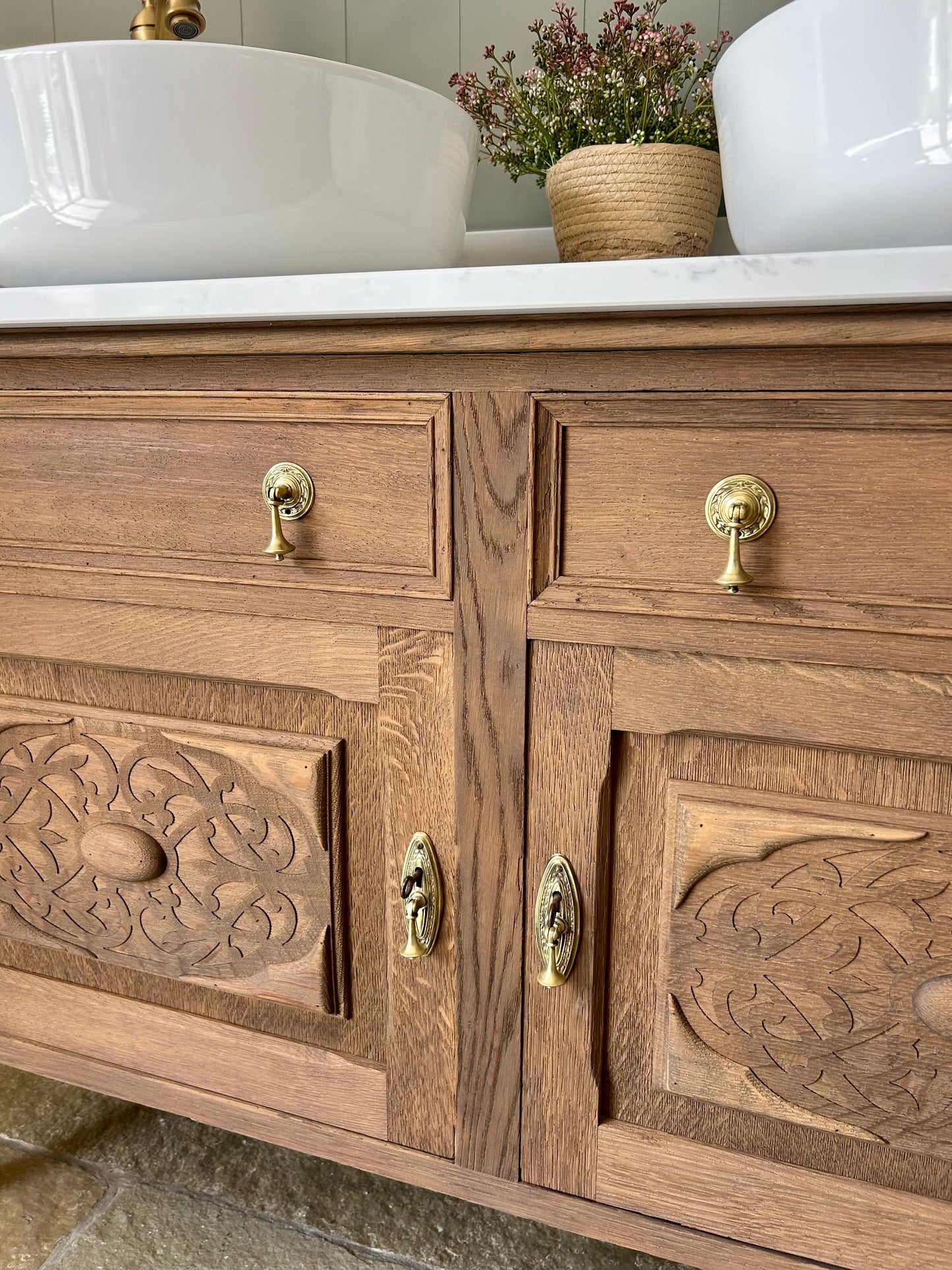 Vintage Mid Oak Double Vanity Sink, Carrara Quartz Top, Upstand and two countertop basins. (124cm wide)