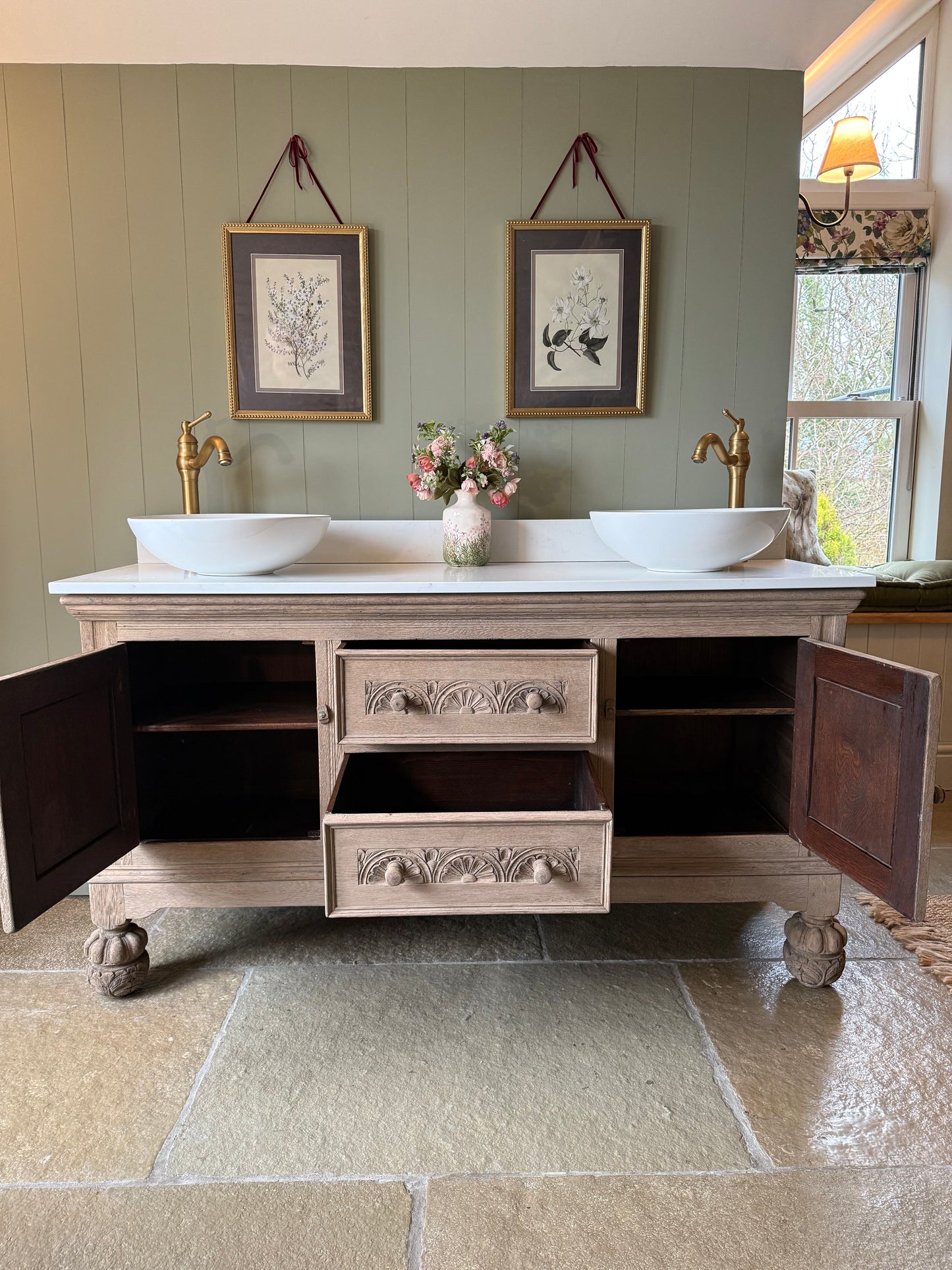 Vintage Solid Oak Double Vanity Sink Unit, Quartz Top, Upstand and two basins