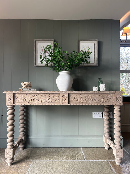 Large Carved Oak Console Table on symmetrical twist legs. 138cm Wide