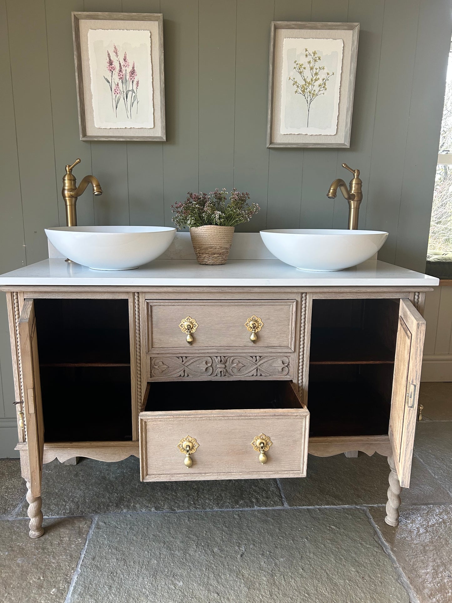 Double Vintage Oak Vanity Sink. Quartz top, Upstand and Basins 123cm wide