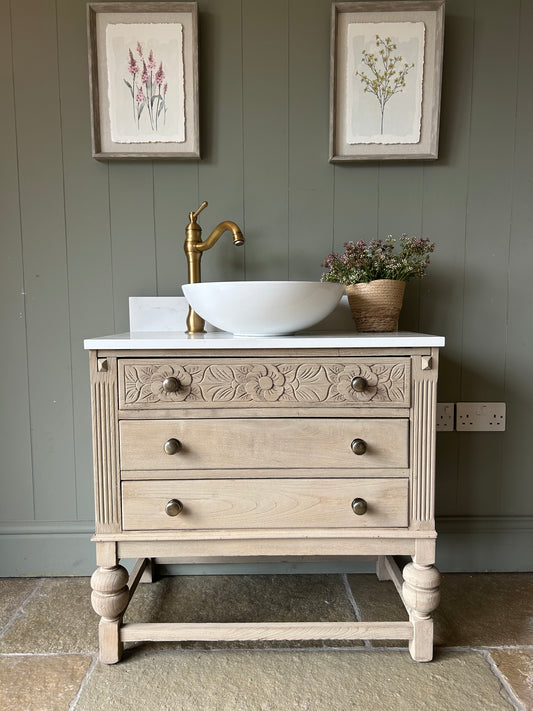 Vintage Oak Vanity Sink with quartz top, basin and Upstand 77cm wide