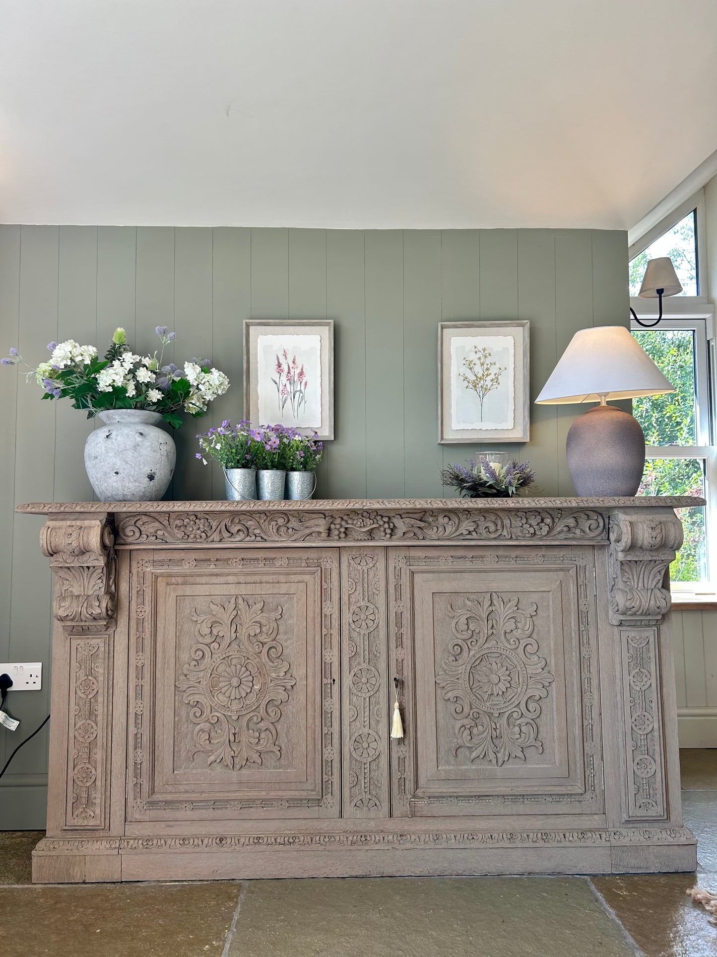 Ornate antique Sideboard Console Solid Oak finished in a light weathered oak style.