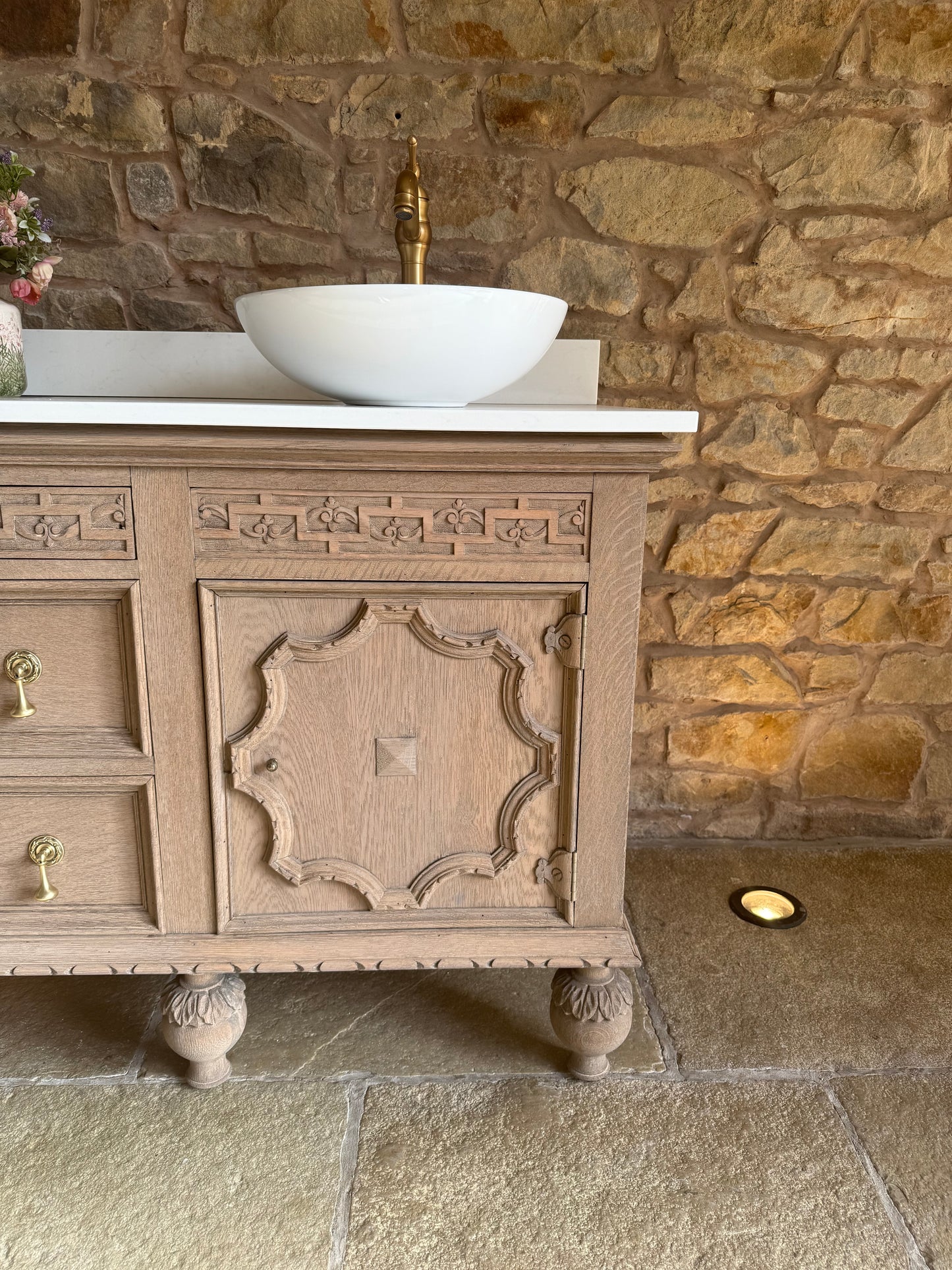 Rustic Large Double Vanity Sink Unit, Quartz top, Upstand and two basins (185cm wide)