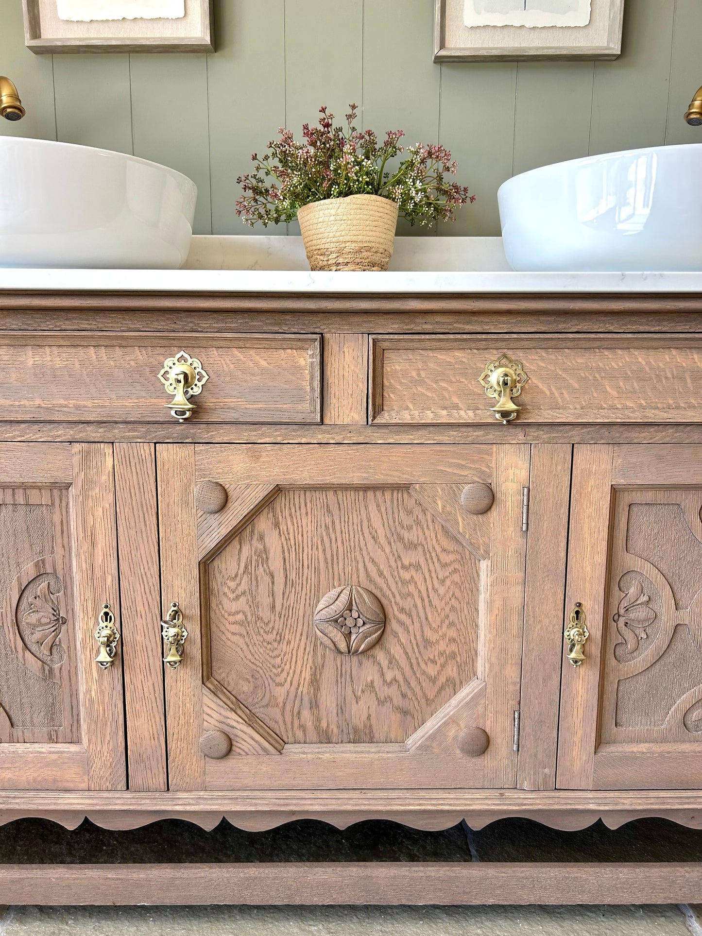 Large Mid Oak Vintage Double Vanity Sink, Quartz top with 2 counter top basins and Upstand. (155cm wide)