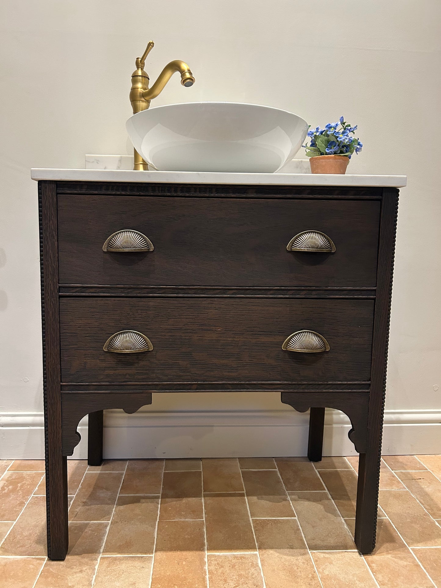 Small Vanity Sink with quartz top, Upstand and countertop basin 69.5cm wide