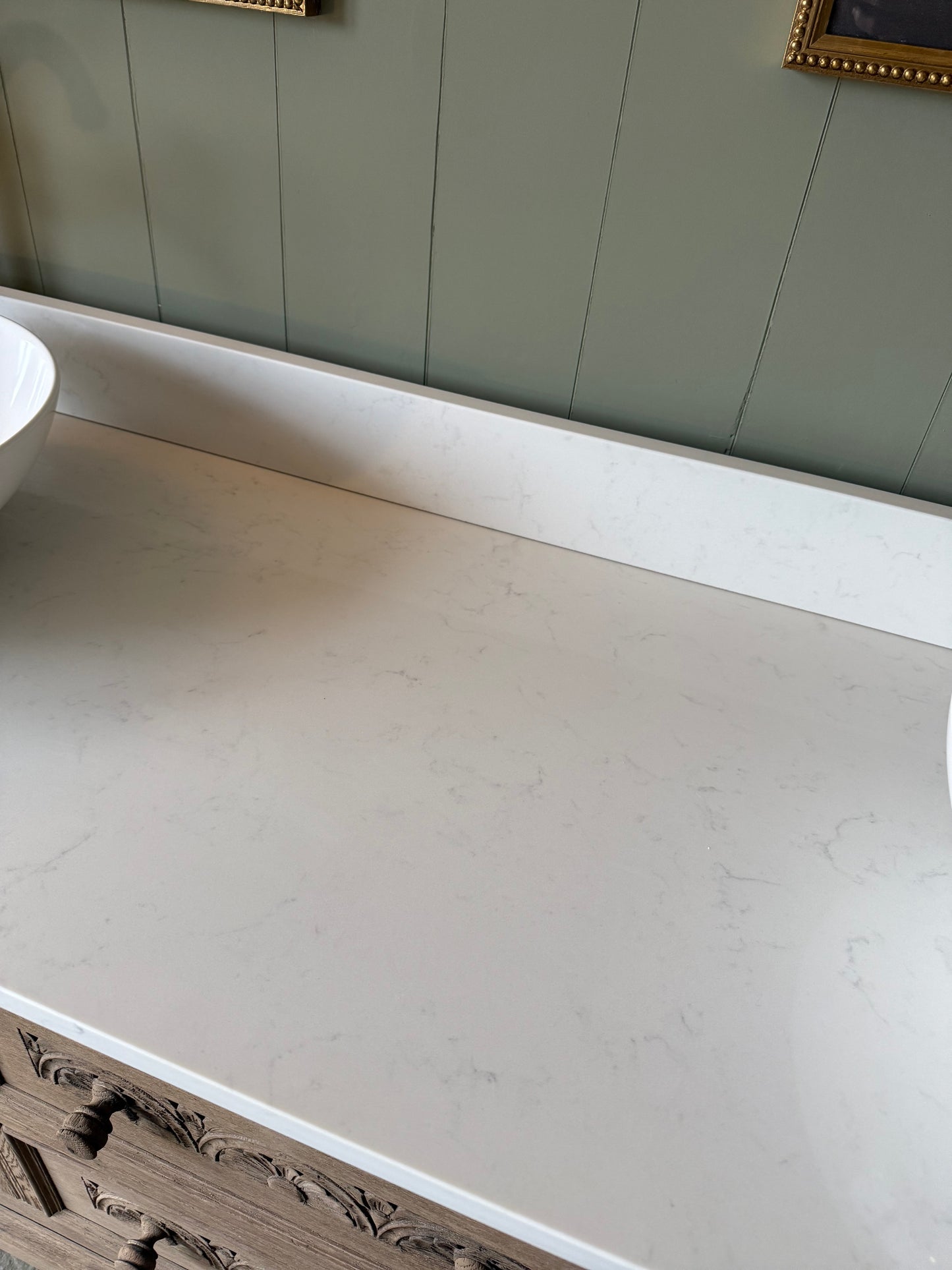 Vintage Solid Oak Double Vanity Sink Unit, Quartz Top, Upstand and two basins