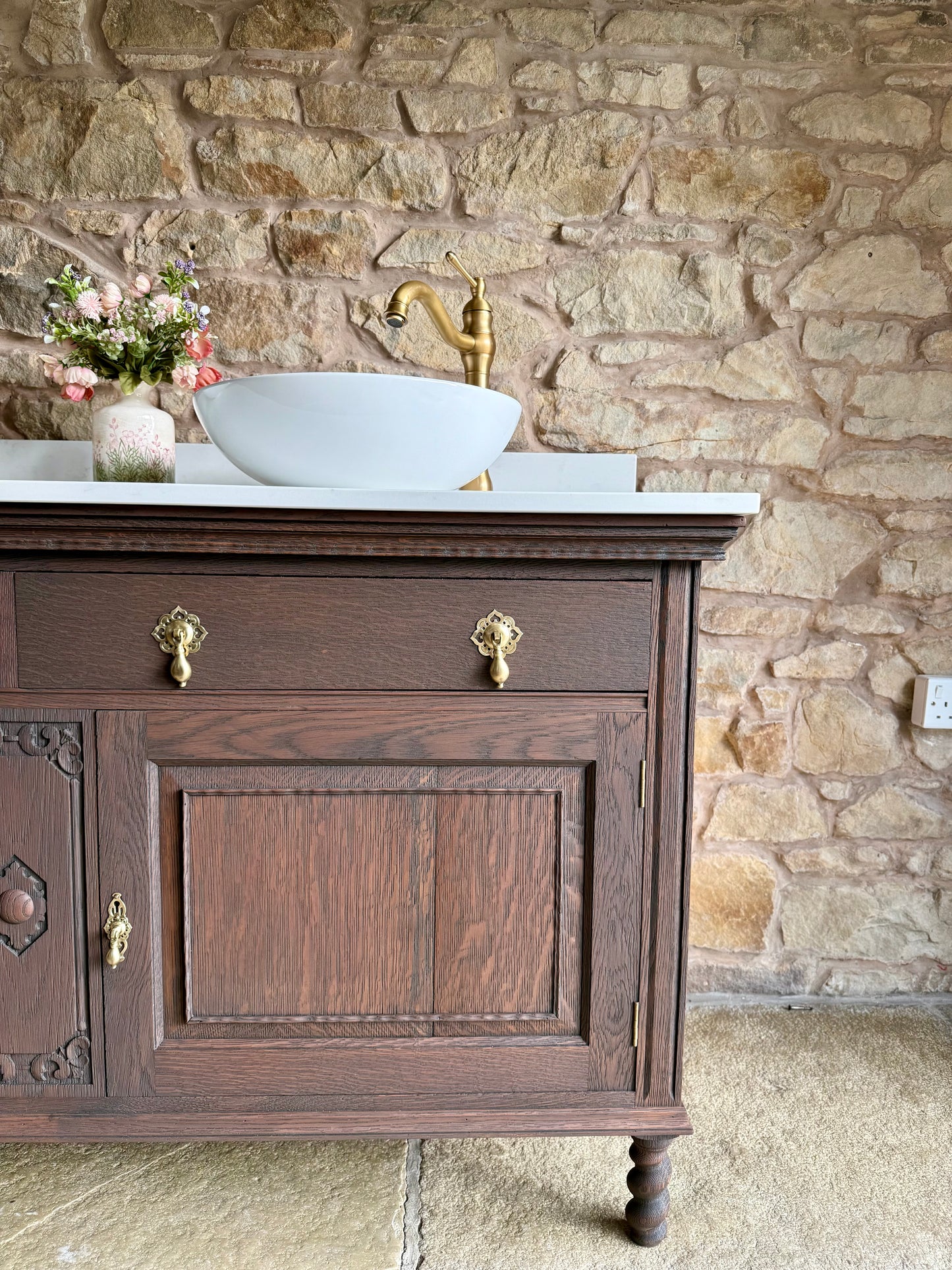 Vintage Solid Oak Vanity Sink, in a Classic Dark Oak, Quartz Top, Upstand and two basins