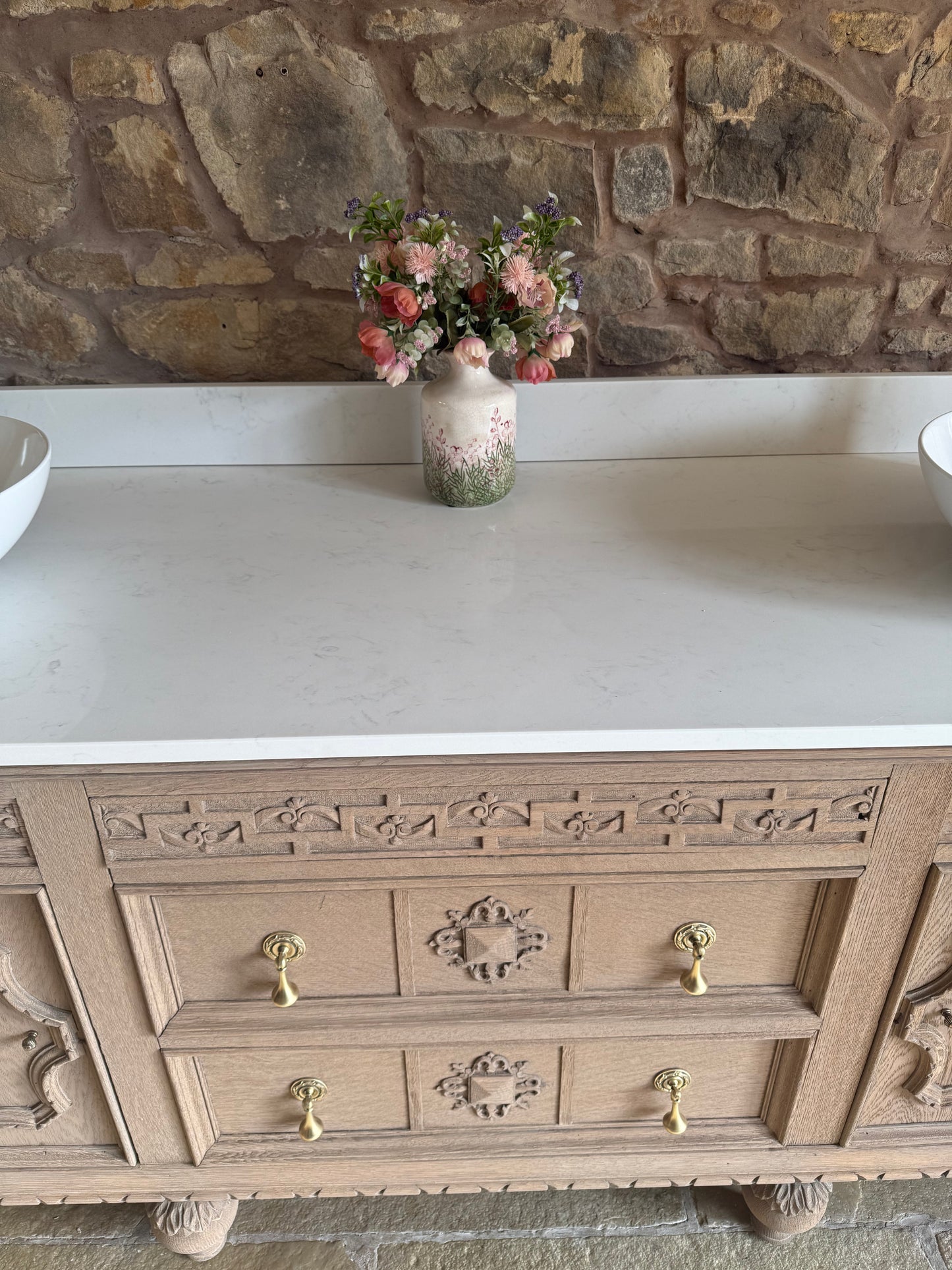 Rustic Large Double Vanity Sink Unit, Quartz top, Upstand and two basins (185cm wide)