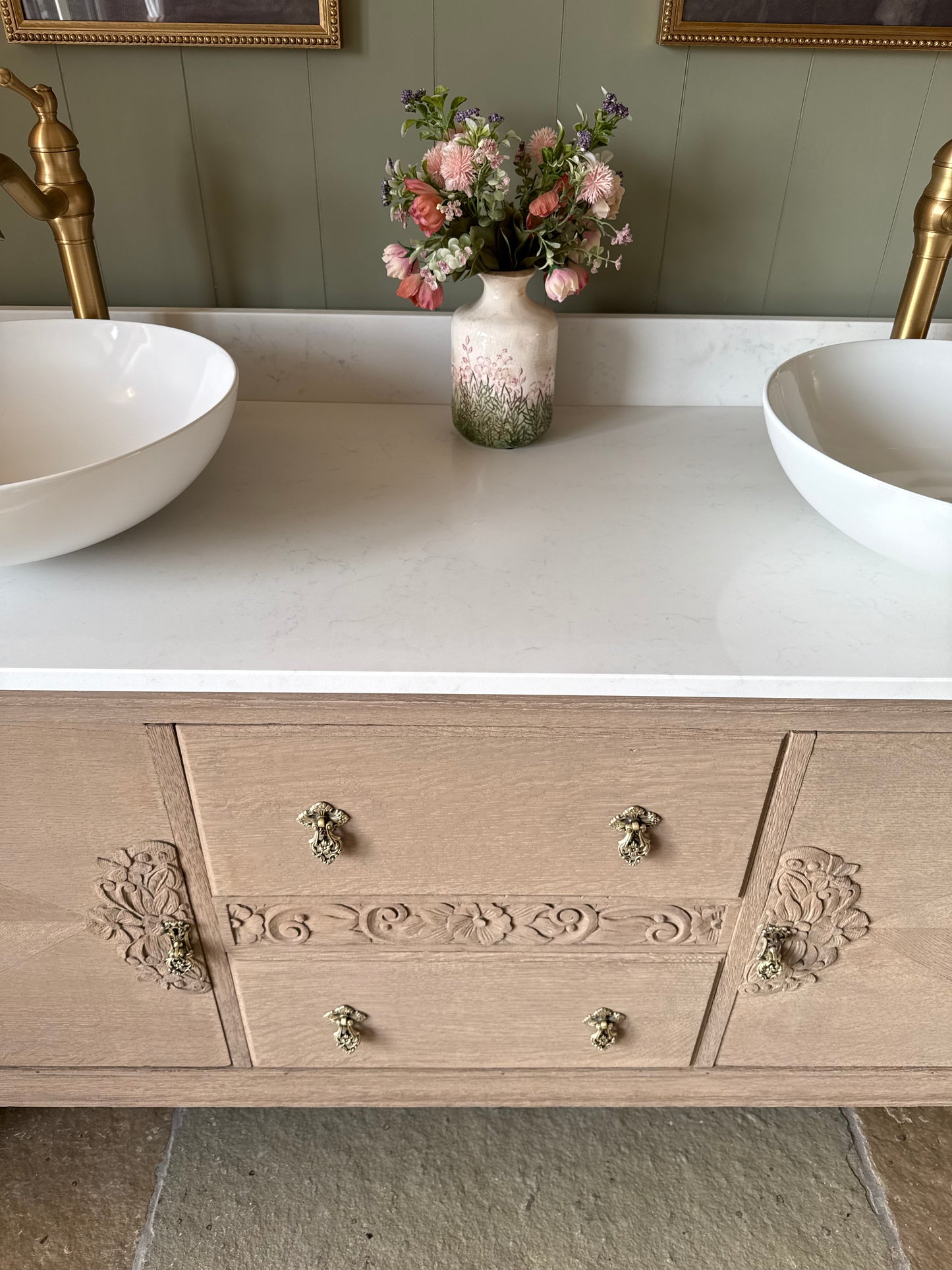 Beautiful, Vintage Solid Oak , Double Vanity Sink, Carrara Quartz top, Upstand and two basins (154.5cm wide)