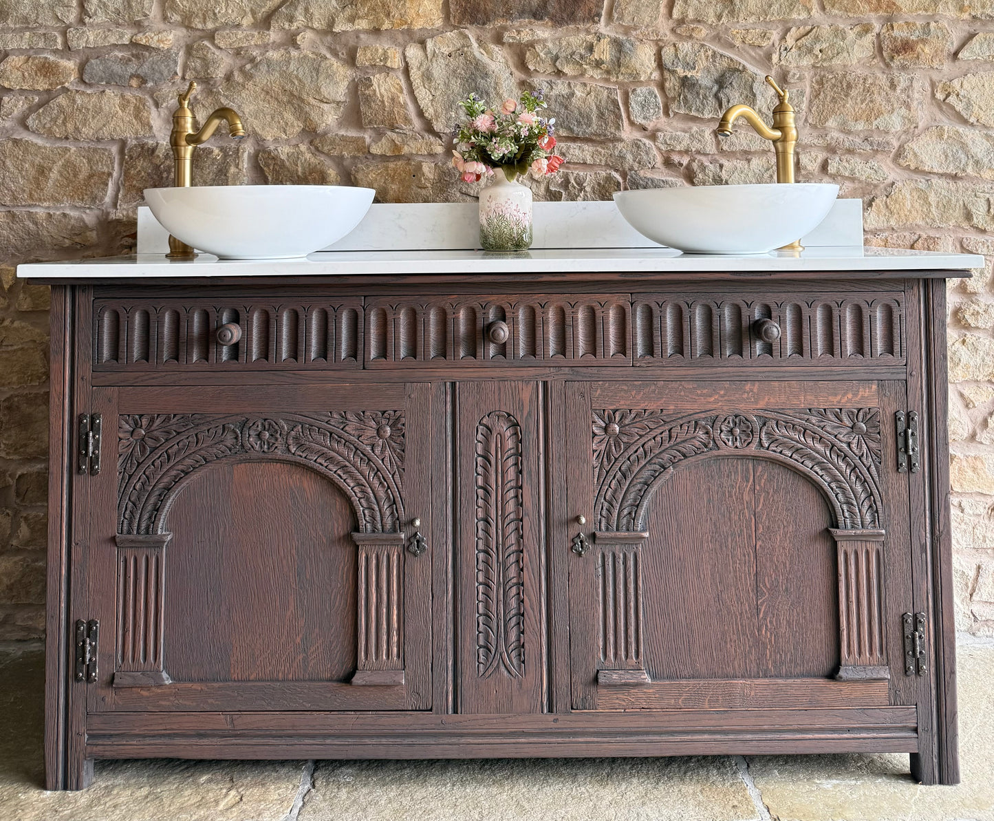 Vintage Vanity Sink Unit in a Classic Dark Oak, Quartz Top, Upstand and Two basins (155cm wide)