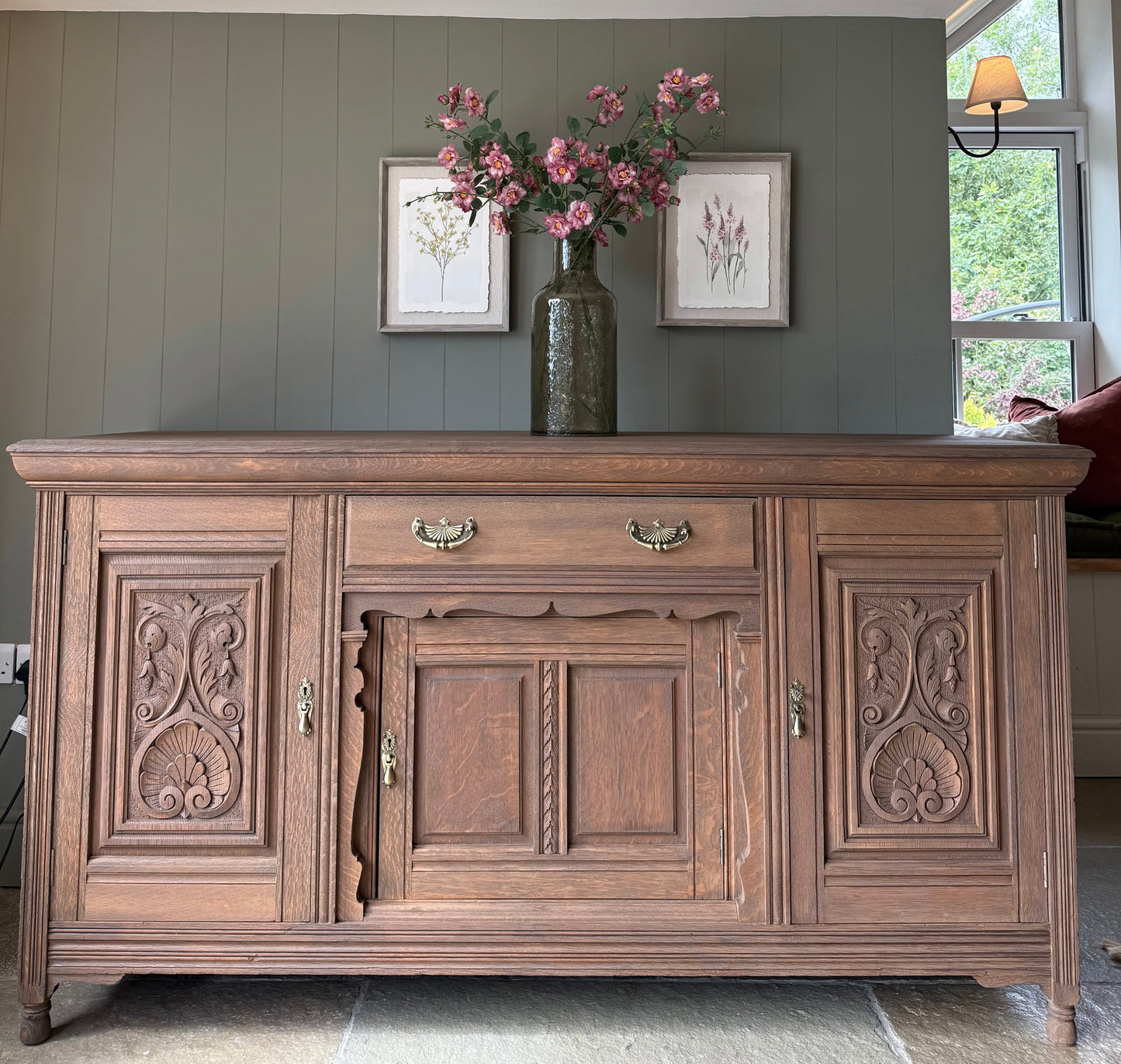 Large Antique Solid Oak Sideboard with beautiful carved detailing