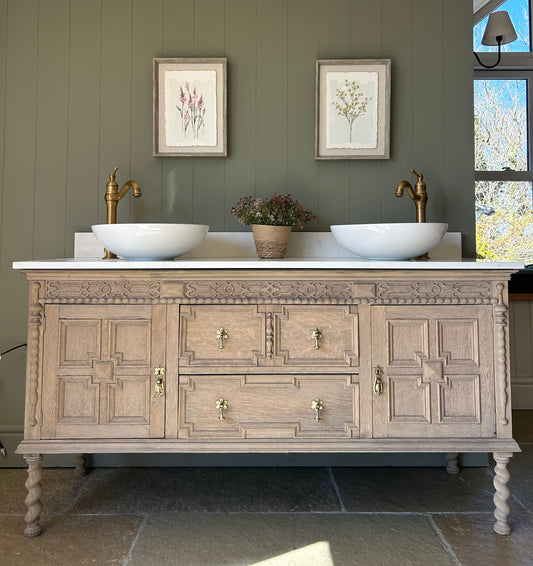 Vintage Solid Oak Vanity Sink, Quartz top, Upstand and basins. 155cm wide