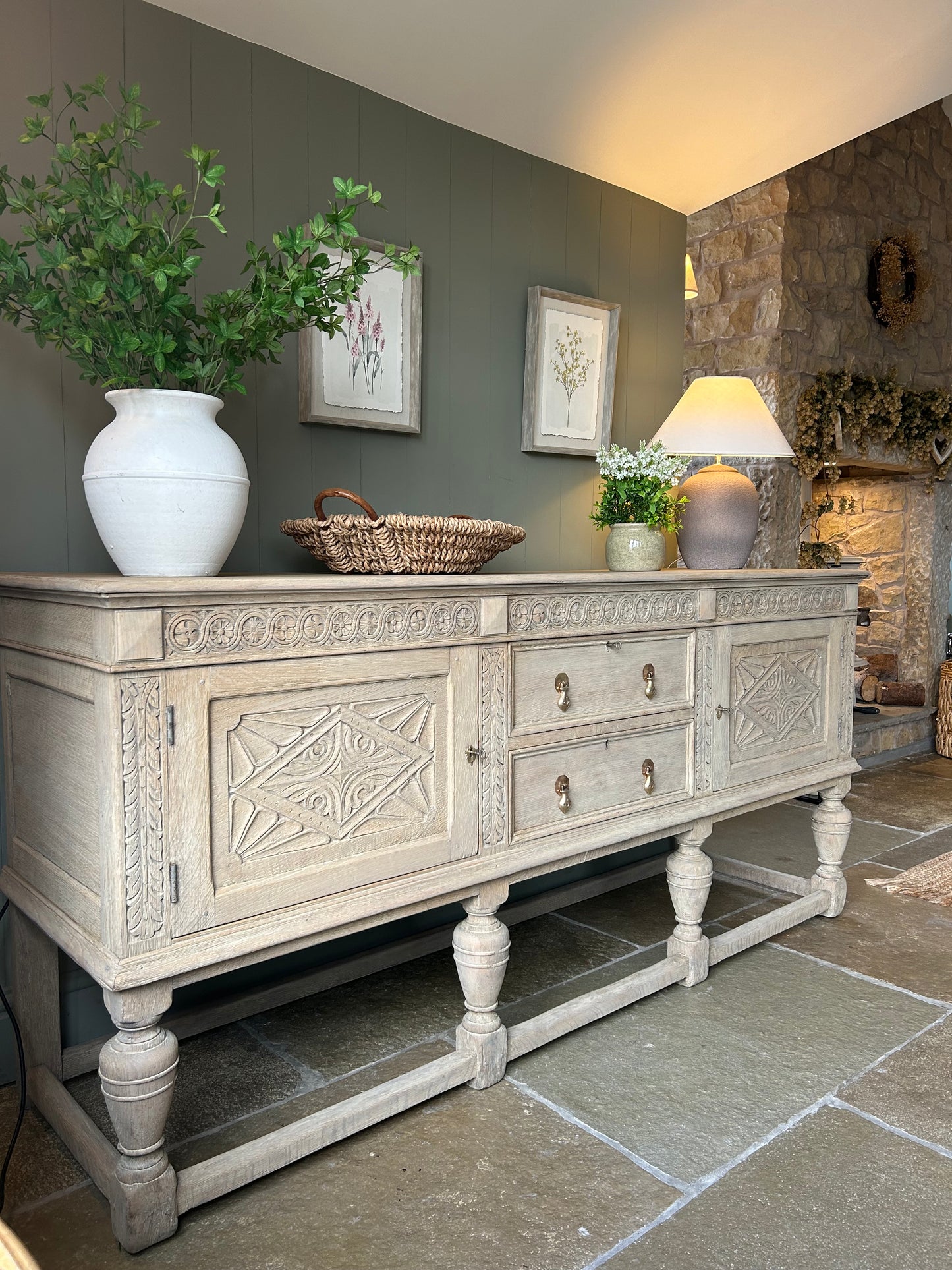 Antique Large Solid Oak Sideboard finished in a light weathered oak