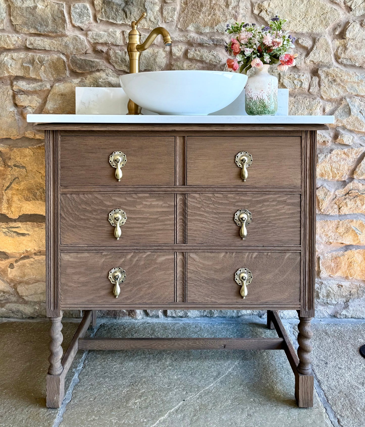 Vintage Oak Vanity Sink Unit, Carrara Quartz Top, Upstand and Basin (78cm wide)