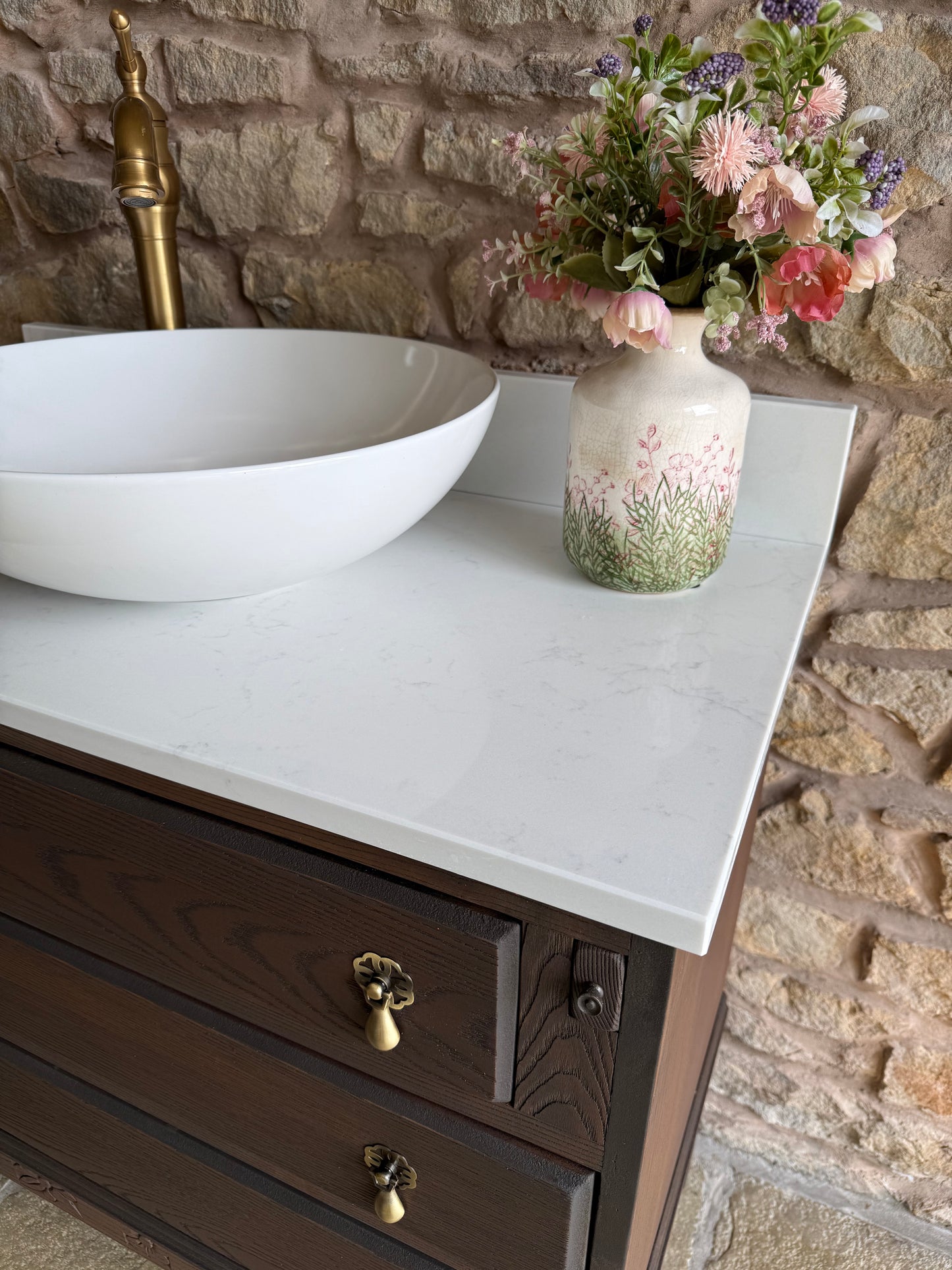 Classic Dark Oak Vanity Sink, Quartz Top, Upstand and basin (79cm wide)