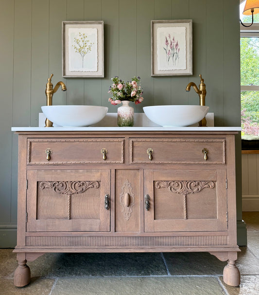 Pretty Solid Oak Vintage Double Vanity Sink, Carrara Quartz top, Upstand and two basins (124cm wide)