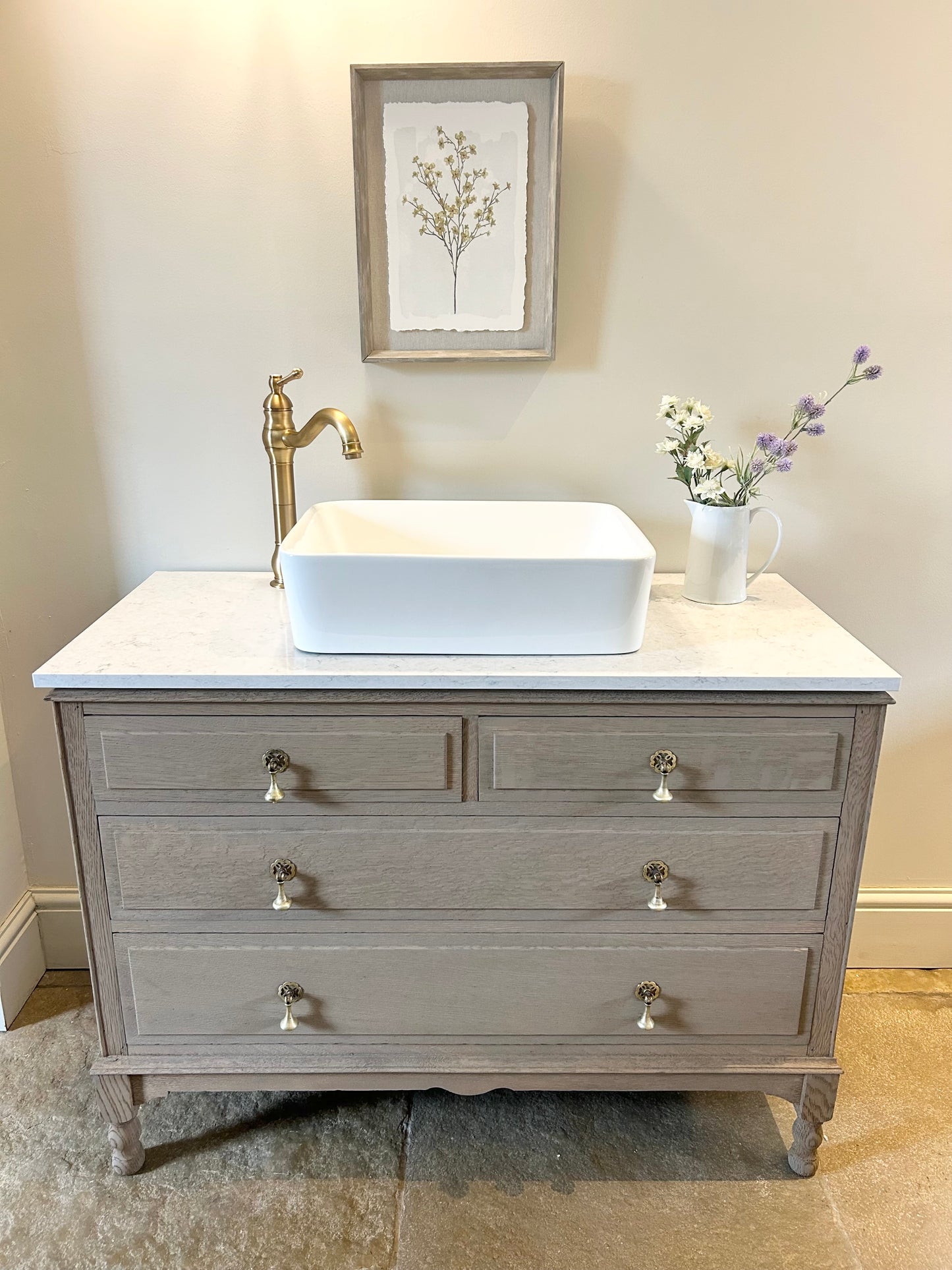 Large vintage Single Marble Quartz top vanity sink