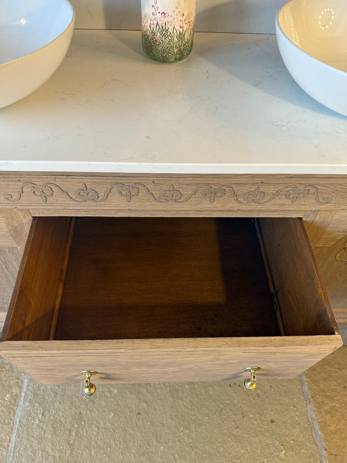 Vintage Oak Double Vanity Sink, Quartz top, Upstand and two basins (138cm wide)