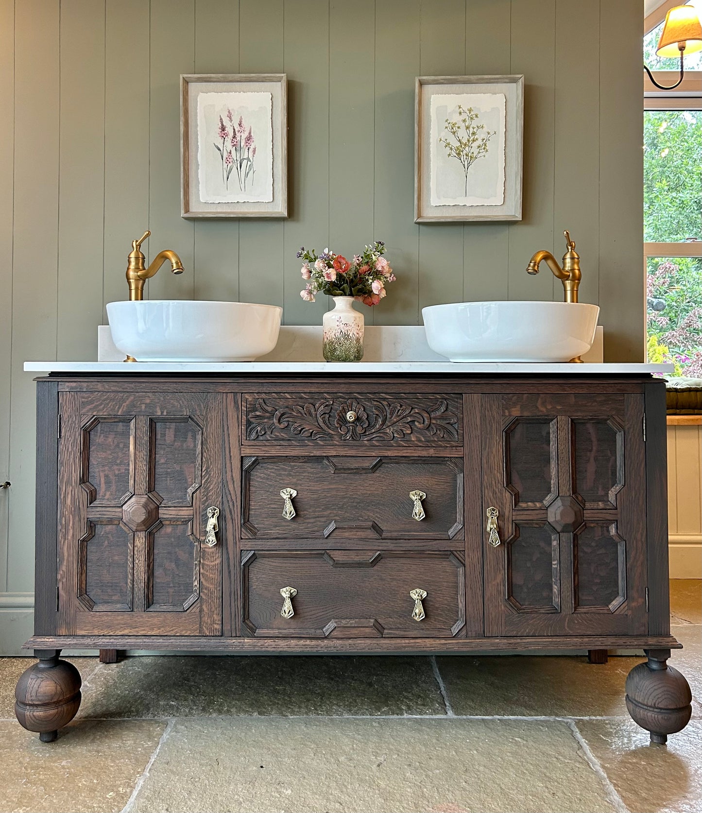Classic Dark Oak Double. Amity Sink, Quartz top, Upstand and two basins. (141cm wide)