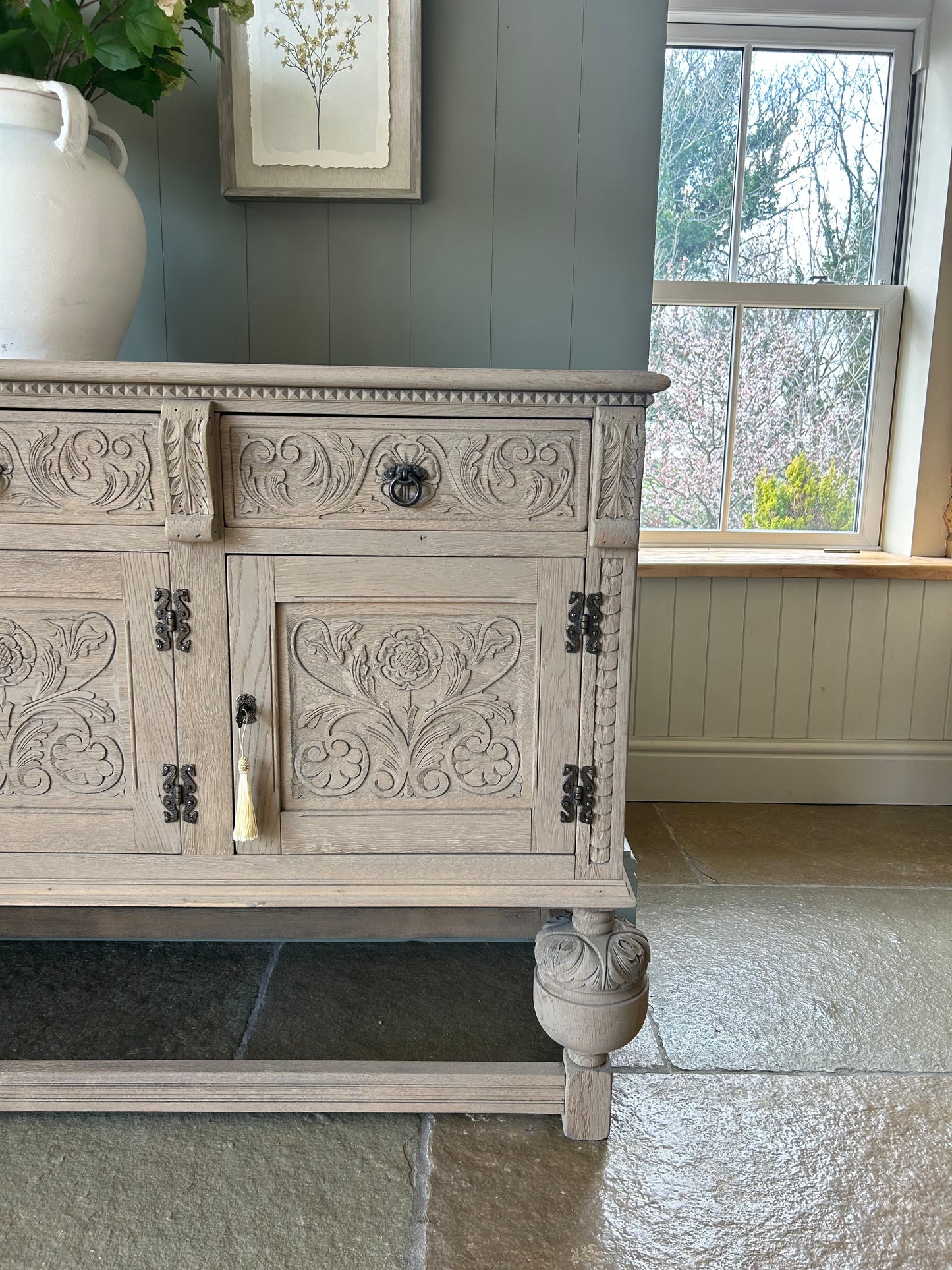 Vintage Weathered Oak Sideboard with carved detailing.