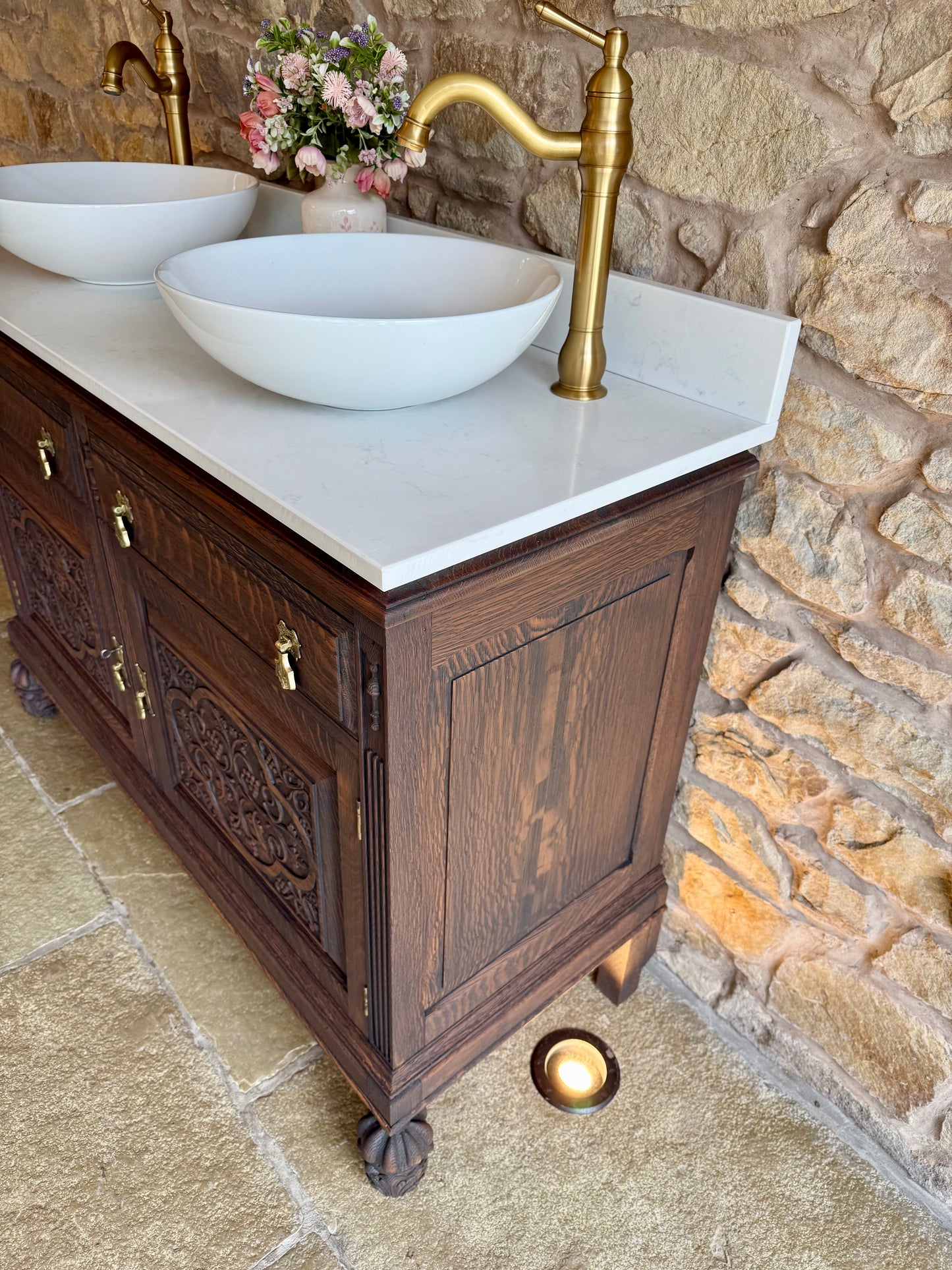 Vintage Ornate Solid Oak Double Or Single Vanity Sink Unit, Carrara Quartz Top, Upstand and two basins (126cm wide)