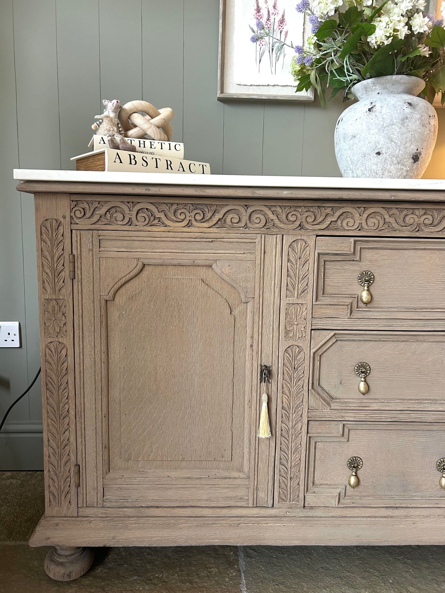 Large Antique Marble Quartz Top Sideboard finished in Weathered Oak Style.