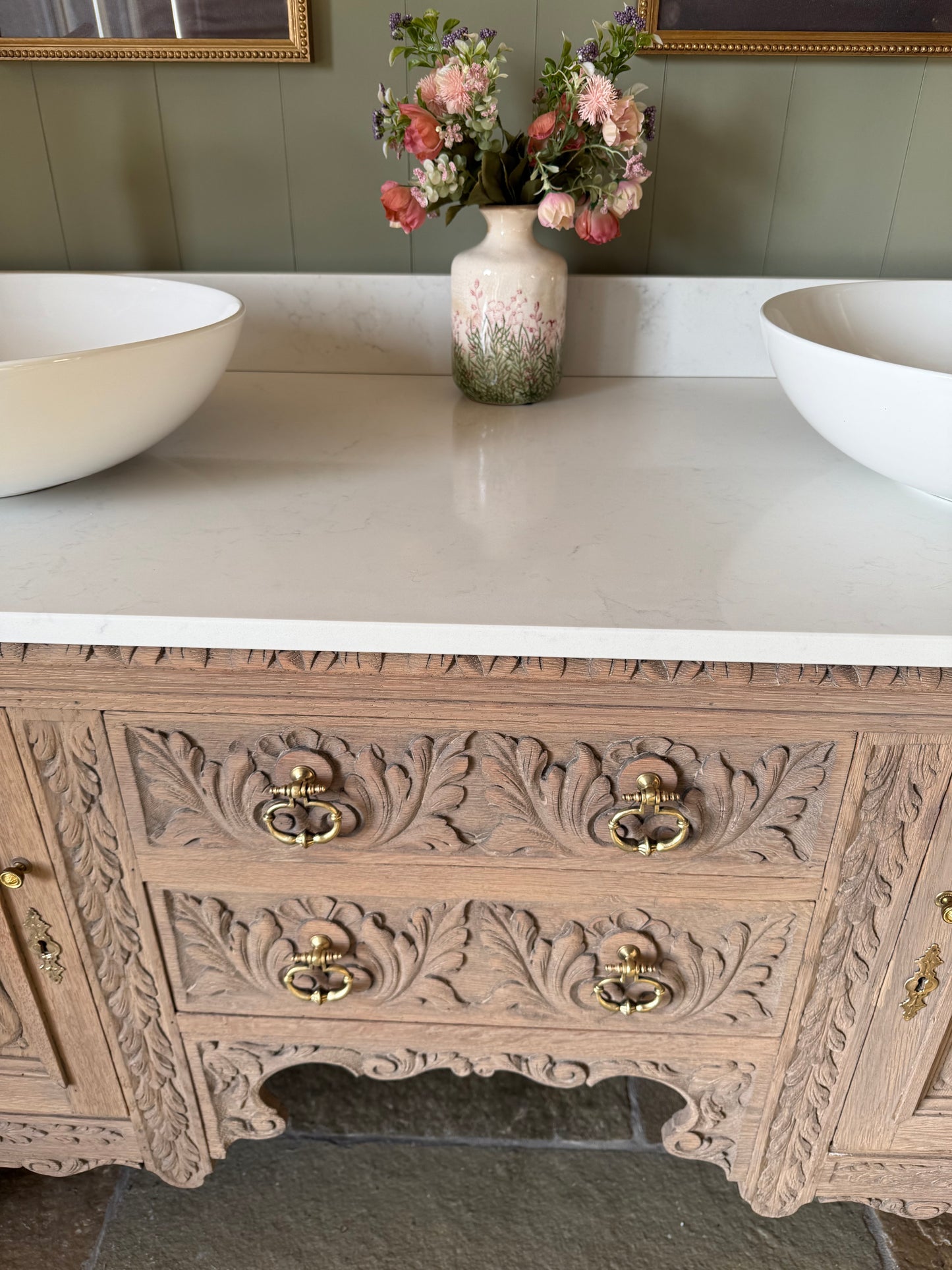 Large Pretty Antique Carved Oak vanity Sink, Carrara Quartz top, Upstand and two basins (154cm wide)