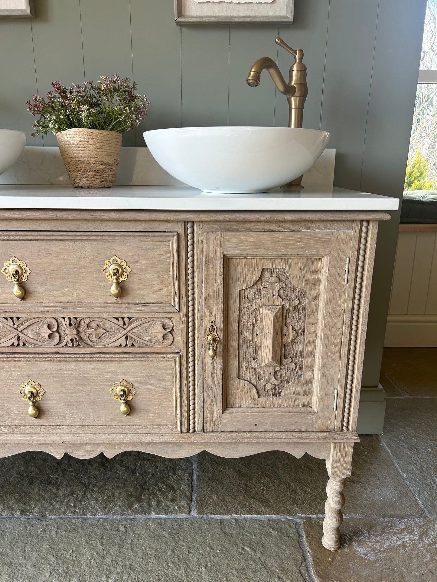 Double Vintage Oak Vanity Sink. Quartz top, Upstand and Basins 123cm wide