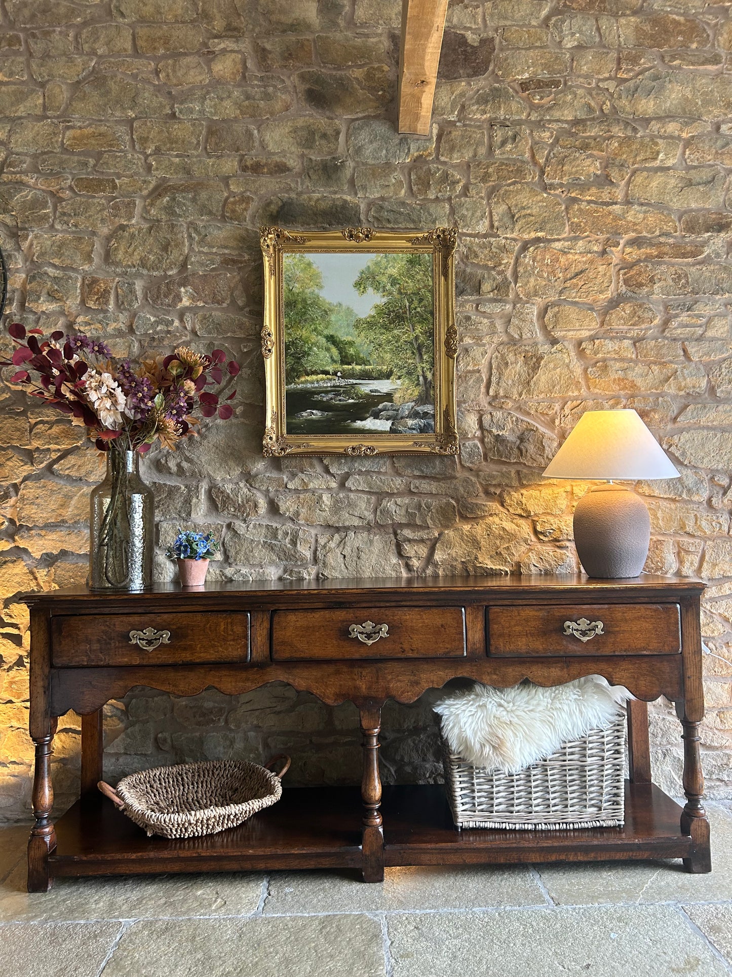 Antique Rustic Dark Solid Oak console table