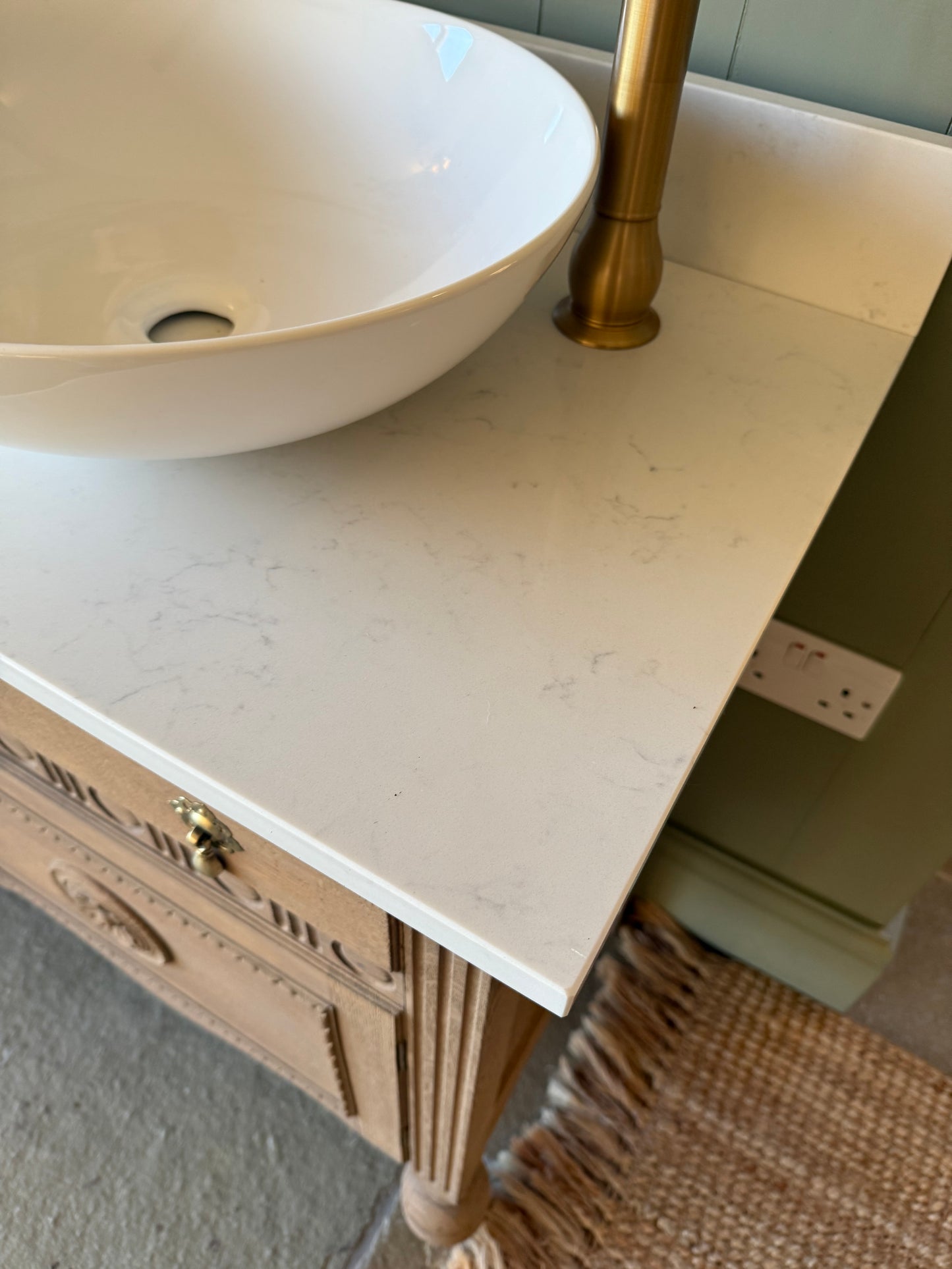 Double solid oak Vanity Sink, Carrara Quartz Top, Upstand and two basins. (123.5cm wide)