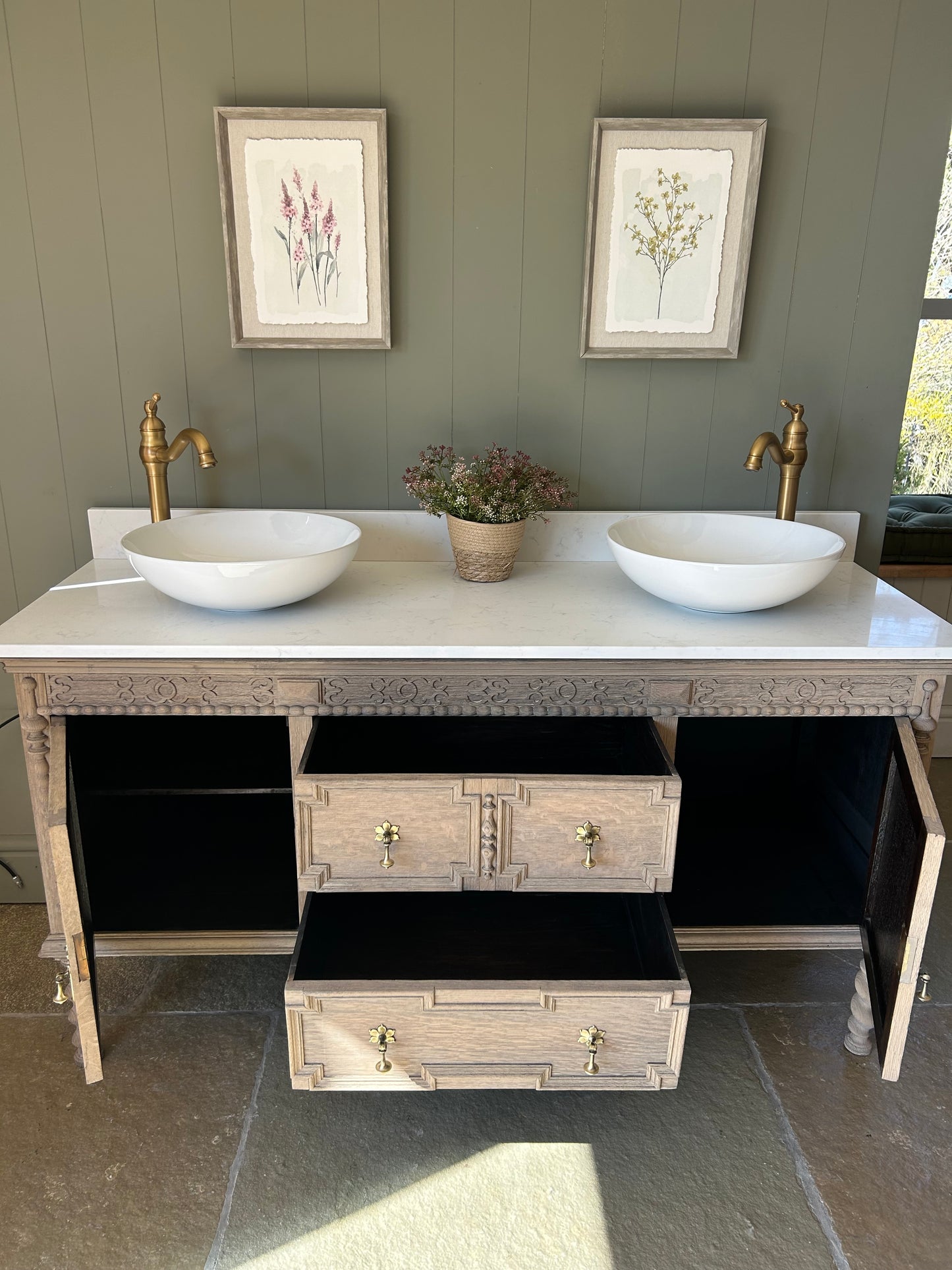 Vintage Solid Oak Vanity Sink, Quartz top, Upstand and basins. 155cm wide