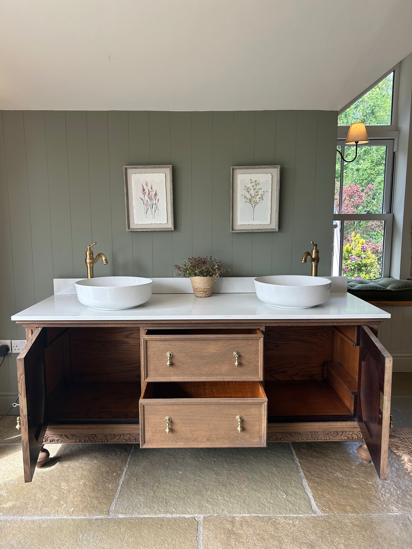 Extra Large Double Vanity Sink. Solid Oak finished in Mid Oak. Carrara Quartz top, Upstand and two basins. (187cm wide)