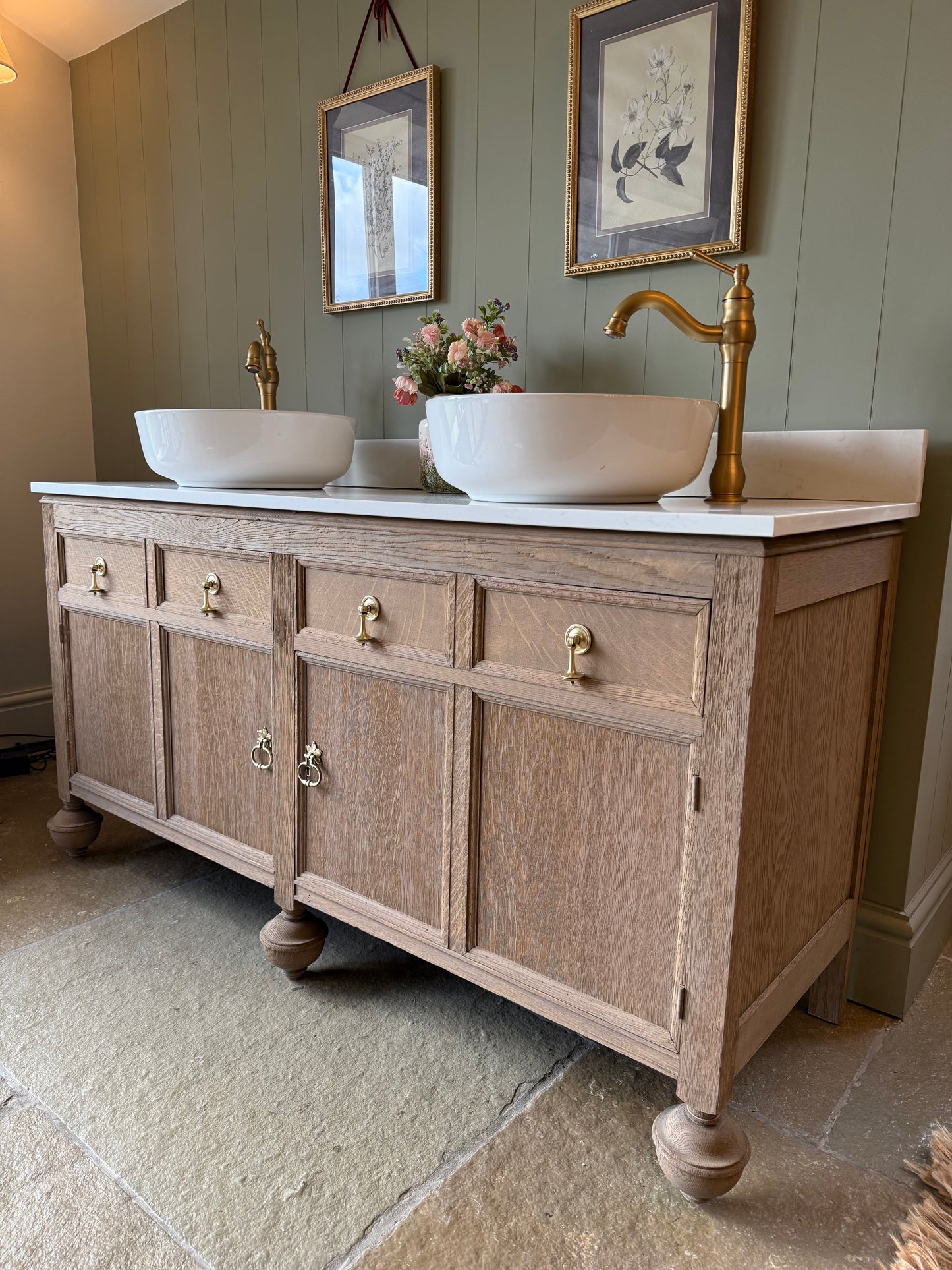 Large Vintage Oak Double Vanity unit, Carrara Quartz top, Upstand and two basins (154.5cm)