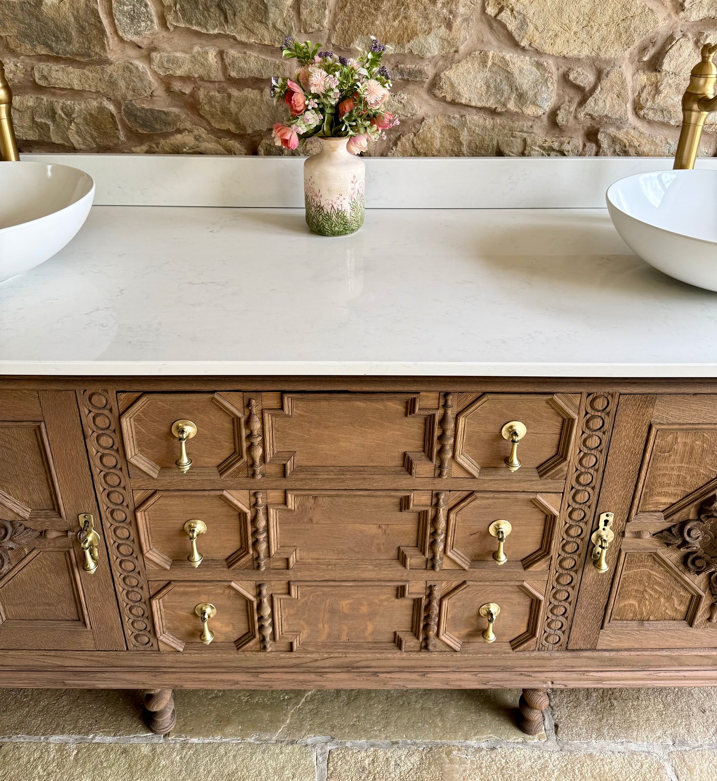 Large Carved Antique Solid Oak Vanity Sink Unit, Carrara Quartz Top, Upstand and TwoBasins.(182 cm wide)