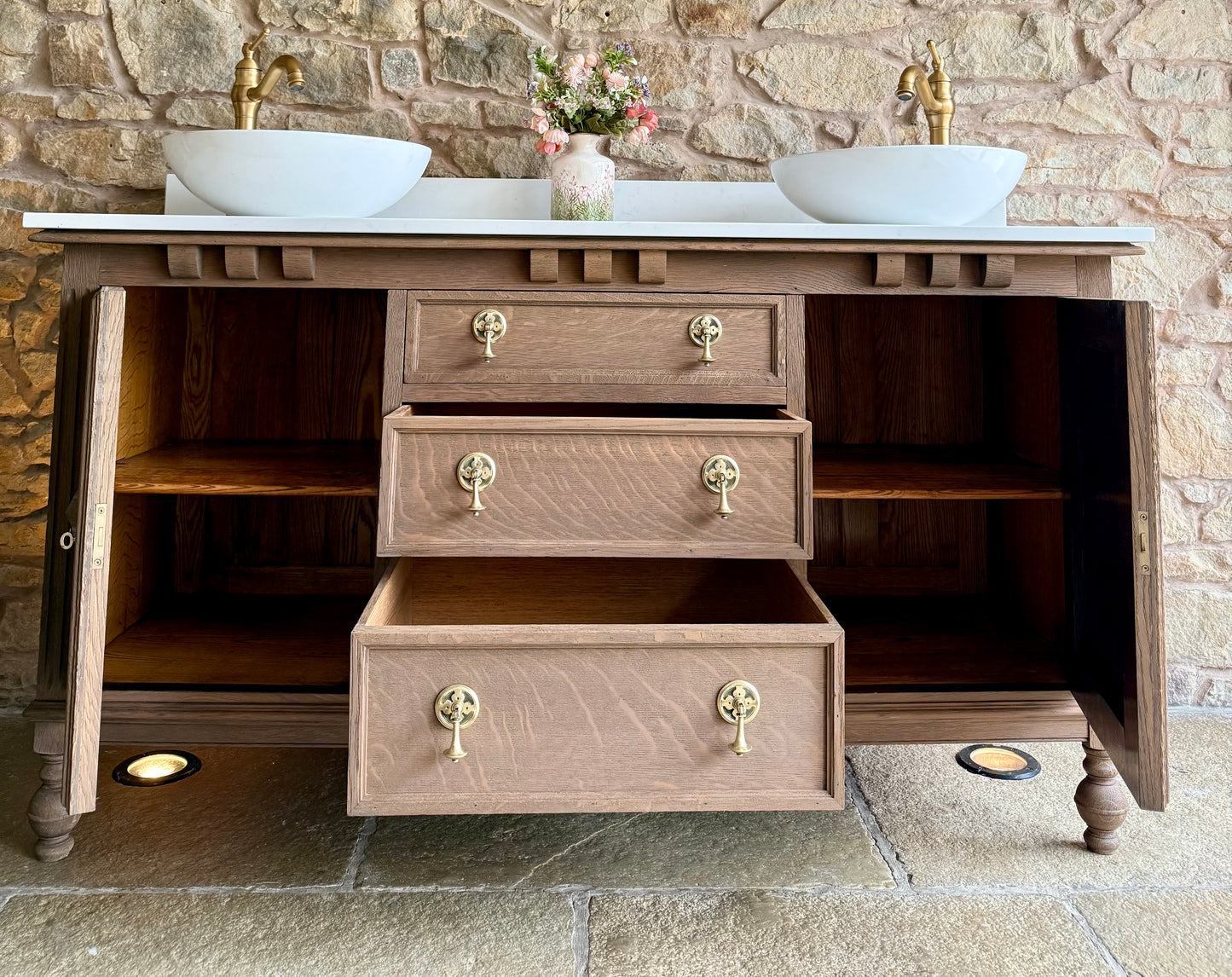 Vintage Solid Oak Vanity Sink, Quartz Top, Upstand and Basins (154cm wide)