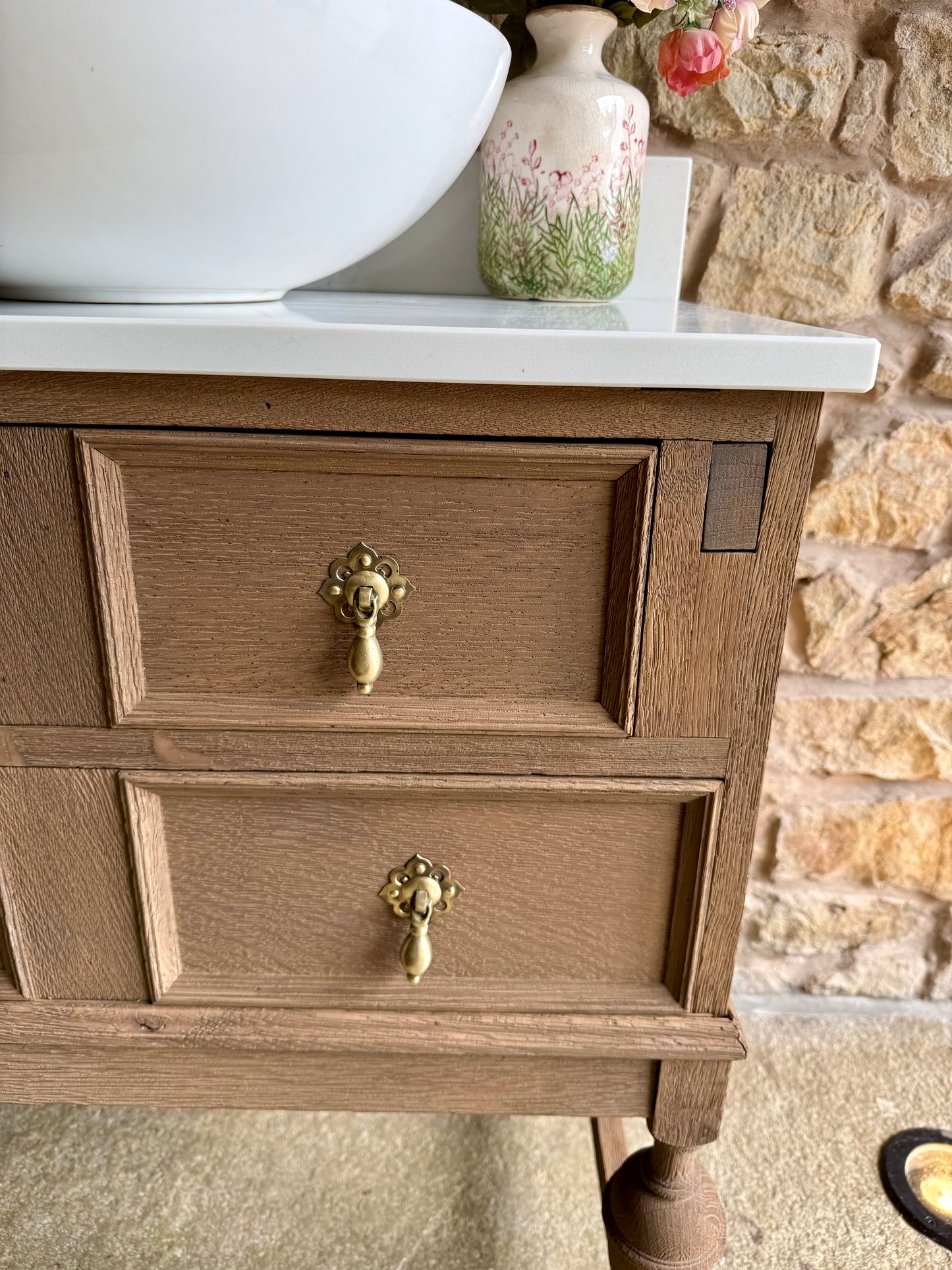 Small Vintage Oak Vanity Sink Unit, Carrara Quartz Top, Upstand and basin (71cm wide)