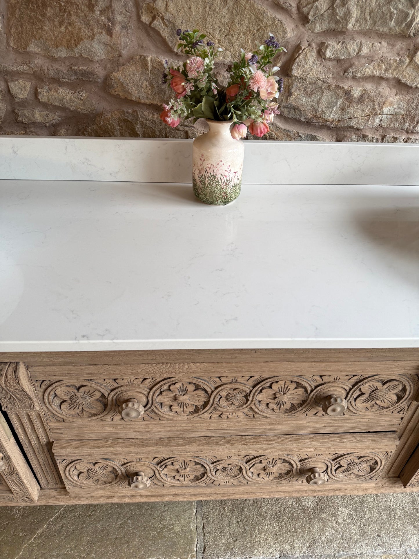 Antique Ornate Solid Oak large, double vanity Sink, Carrara Quartz top, Upstand and two basins. (185cm wide)