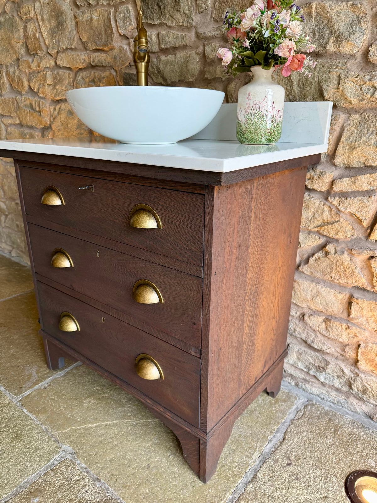 Vintage Solid Oak Vanity Sink Unit, in a Classic Dark Oak, Quartz Top, Upstand and Basin (79cm)