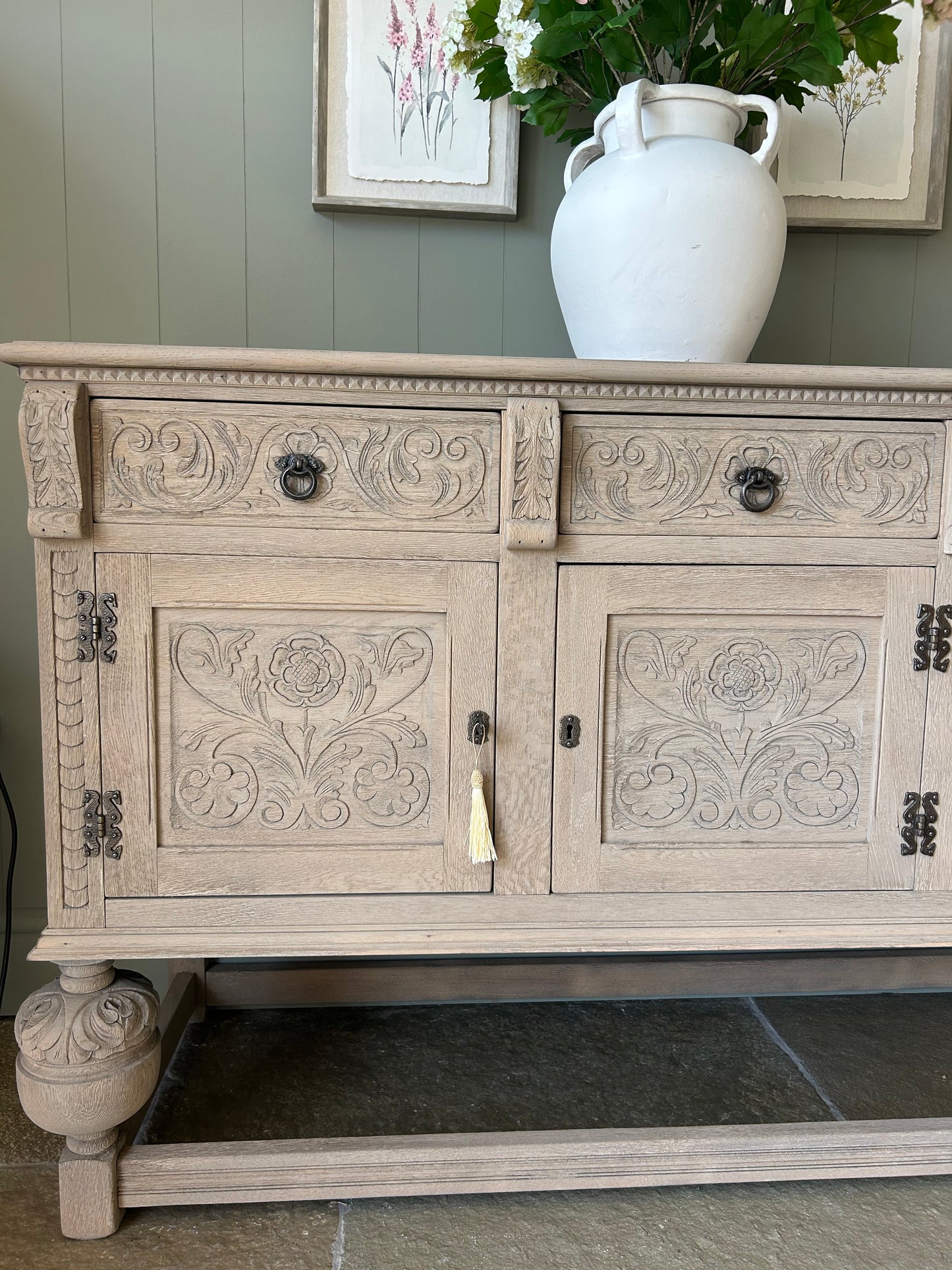 Vintage Weathered Oak Sideboard with carved detailing.